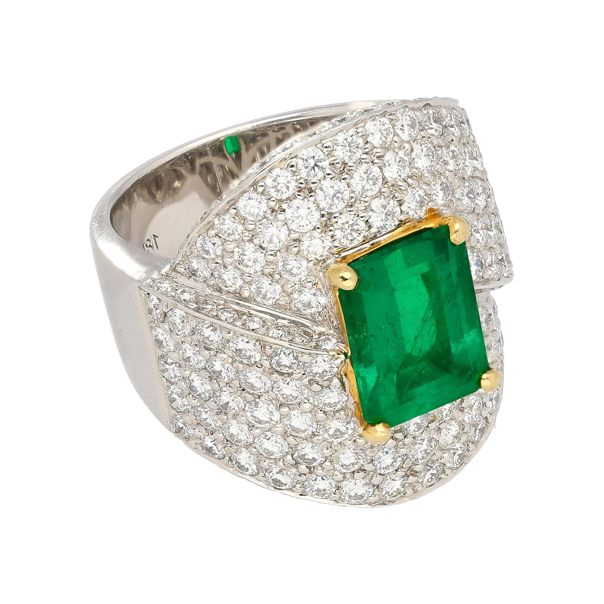 GRS Certified 2.53 Carat Vivid Green Colombian Minor Oil Emerald & Diamond Bypass Ring - Image 3