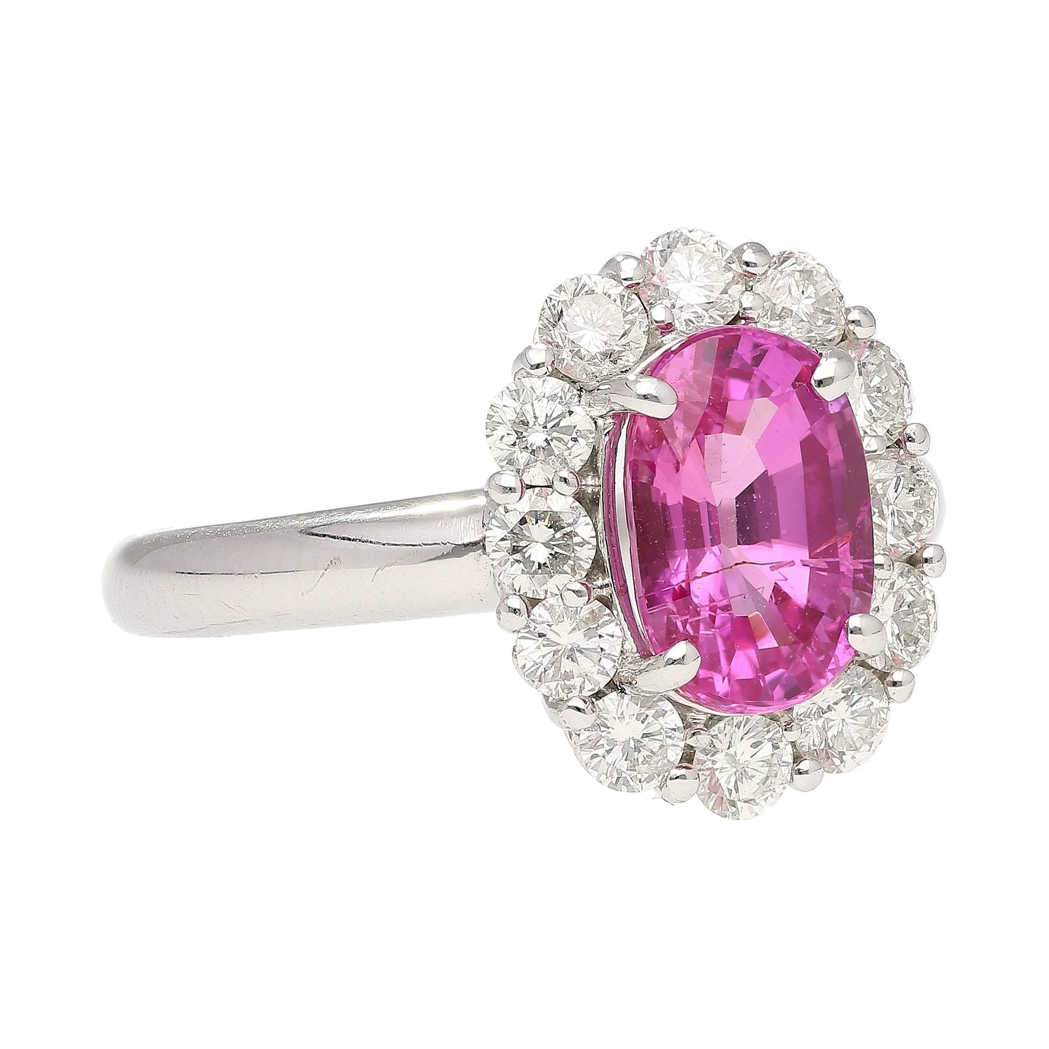 CGTL Certified 3.96 Carat Oval Cut Pink Sapphire and Diamond Halo Ring in 18k White Gold - Image 2