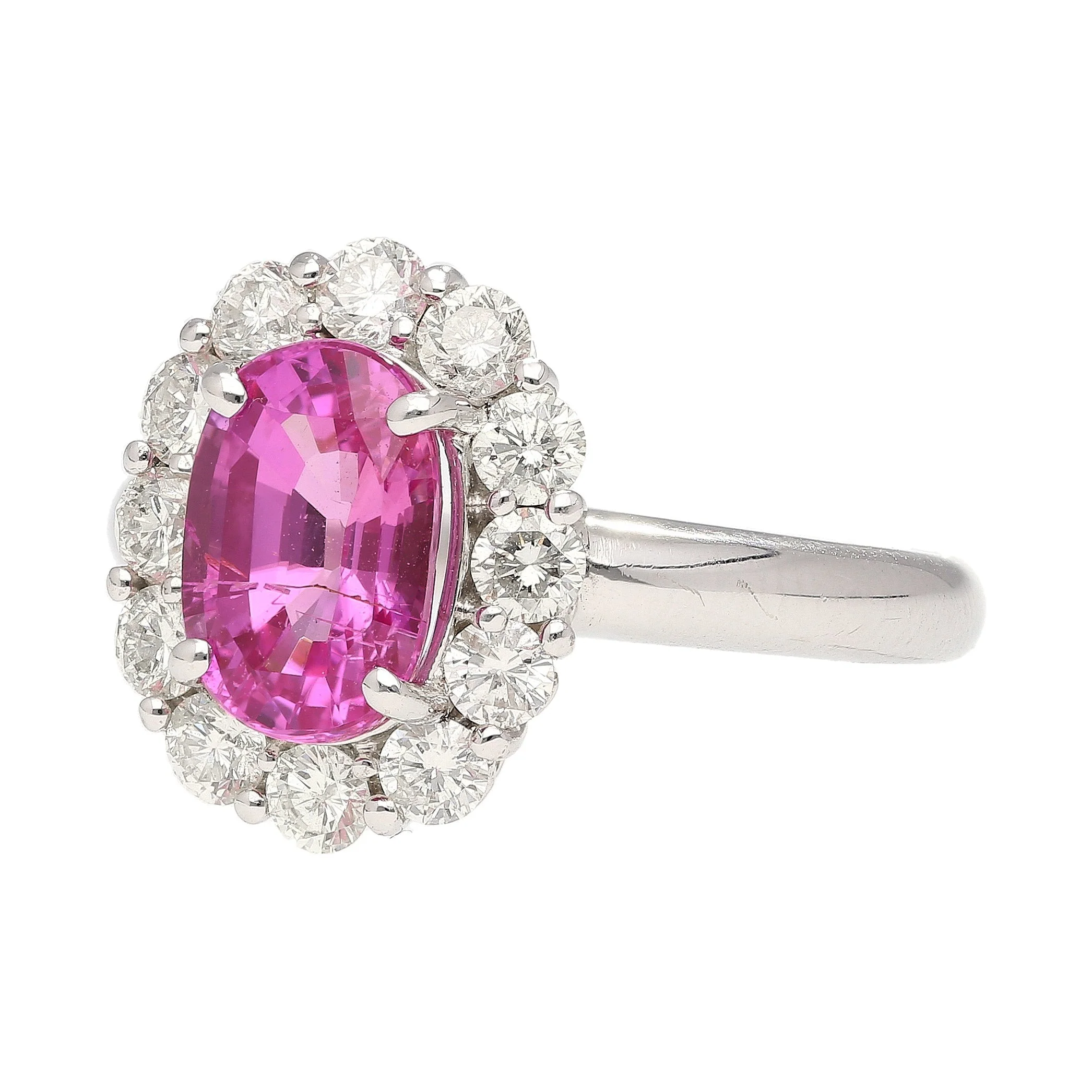 CGTL Certified 3.96 Carat Oval Cut Pink Sapphire and Diamond Halo Ring in 18k White Gold - Image 3
