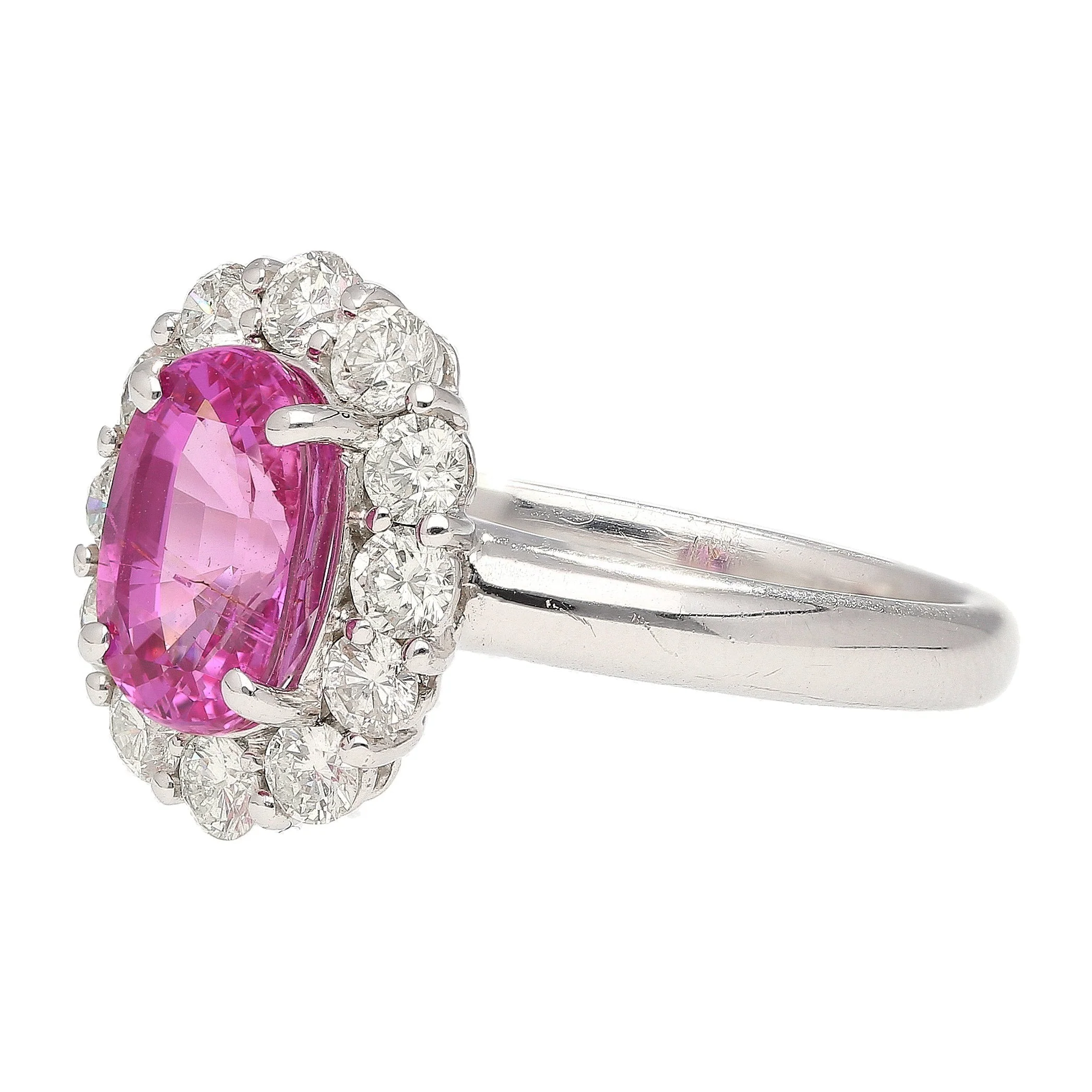 CGTL Certified 3.96 Carat Oval Cut Pink Sapphire and Diamond Halo Ring in 18k White Gold - Image 4