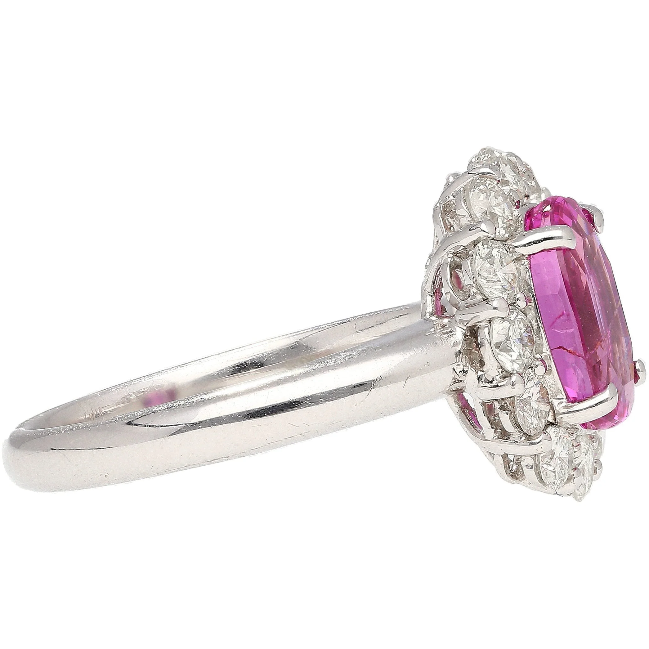 CGTL Certified 3.96 Carat Oval Cut Pink Sapphire and Diamond Halo Ring in 18k White Gold - Image 5