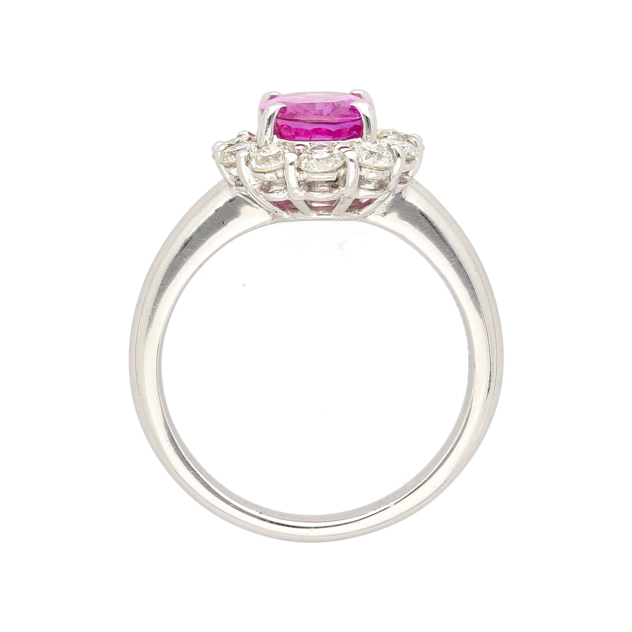 CGTL Certified 3.96 Carat Oval Cut Pink Sapphire and Diamond Halo Ring in 18k White Gold - Image 6