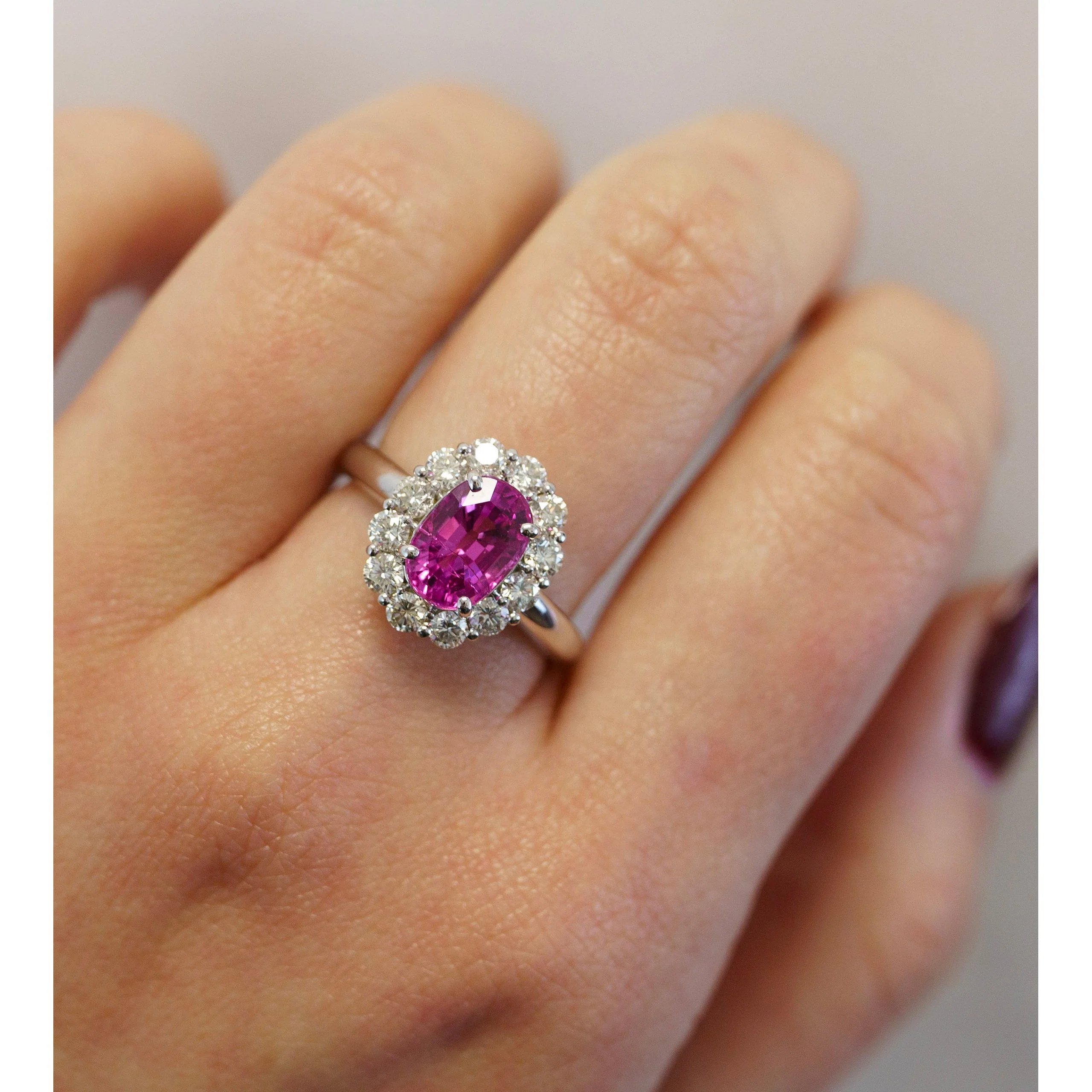 CGTL Certified 3.96 Carat Oval Cut Pink Sapphire and Diamond Halo Ring in 18k White Gold - Image 9
