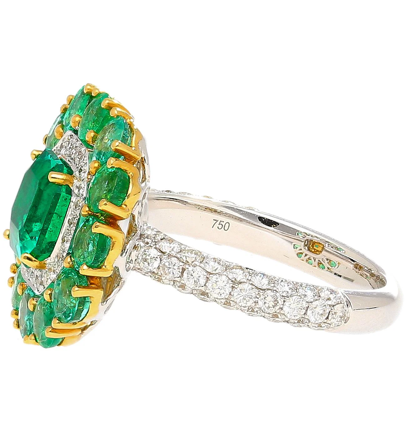 GRS Certified 4.93 Carat Emerald & Diamond 18K Gold Floral Cluster Cocktail Ring - Image 3