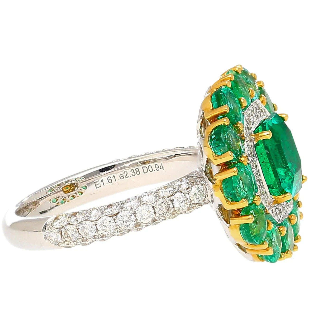 GRS Certified 4.93 Carat Emerald & Diamond 18K Gold Floral Cluster Cocktail Ring - Image 5