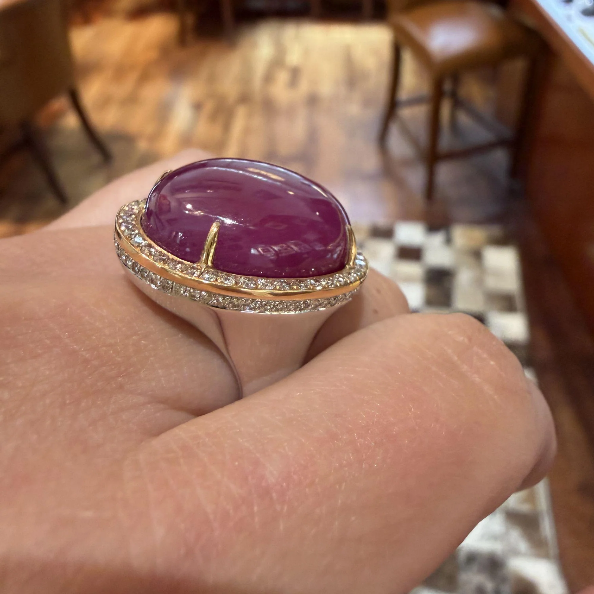 GRS Certified 48 Carat Star Ruby Cabochon & Diamond in 18K Rose Gold Halo Ring - Image 4