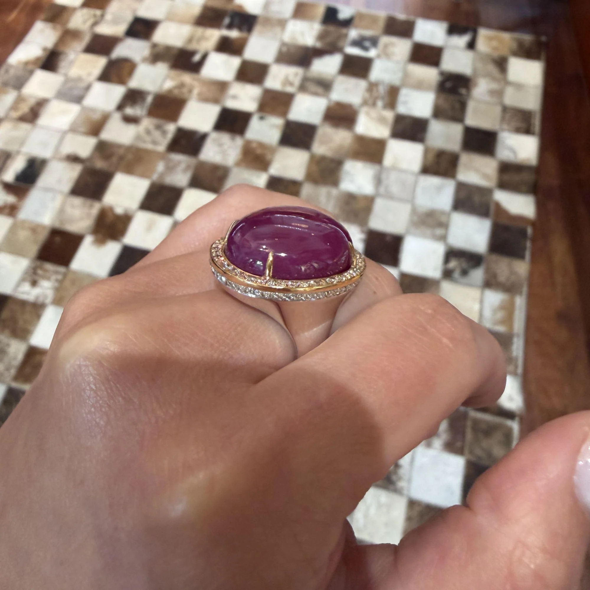 GRS Certified 48 Carat Star Ruby Cabochon & Diamond in 18K Rose Gold Halo Ring - Image 5
