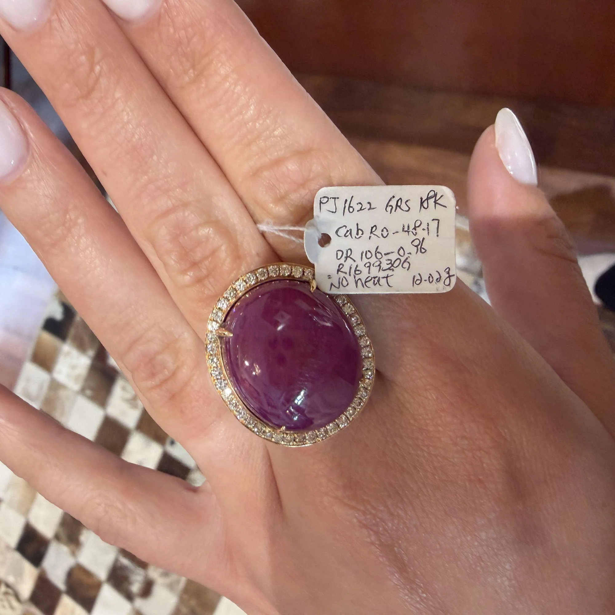 GRS Certified 48 Carat Star Ruby Cabochon & Diamond in 18K Rose Gold Halo Ring - Image 6