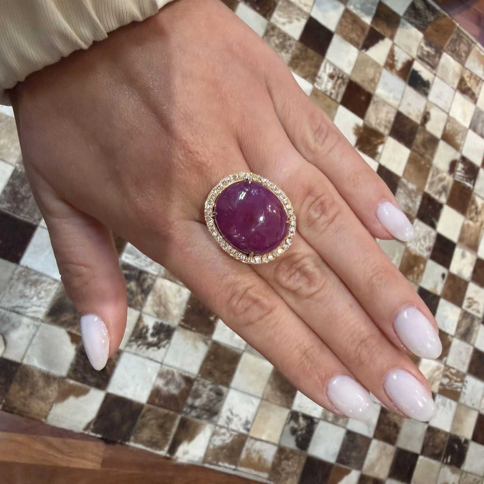 GRS Certified 48 Carat Star Ruby Cabochon & Diamond in 18K Rose Gold Halo Ring - Image 7