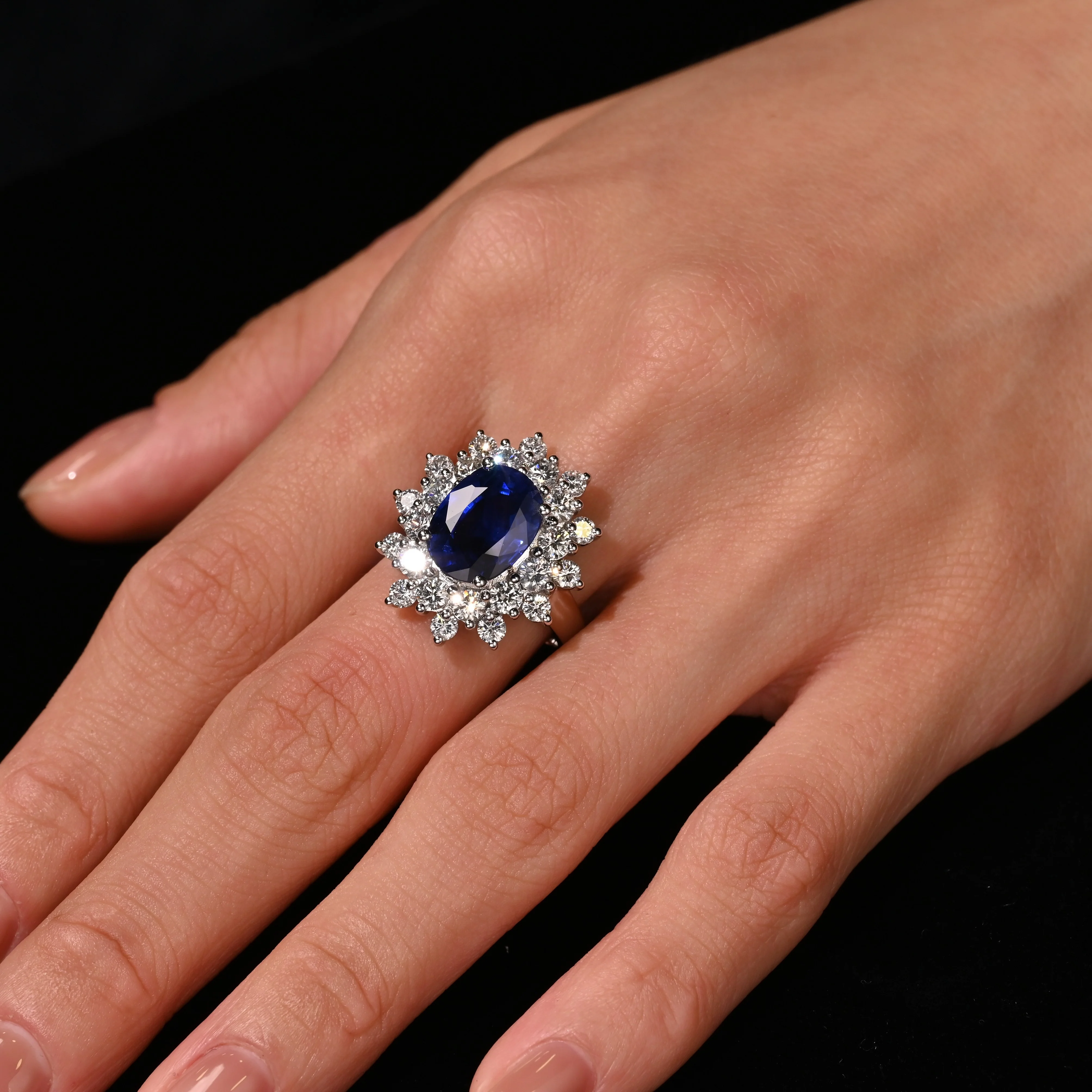 GRS Certified 5.79 Carat Oval Royal Blue Sapphire and Diamond Halo Ring - Image 11