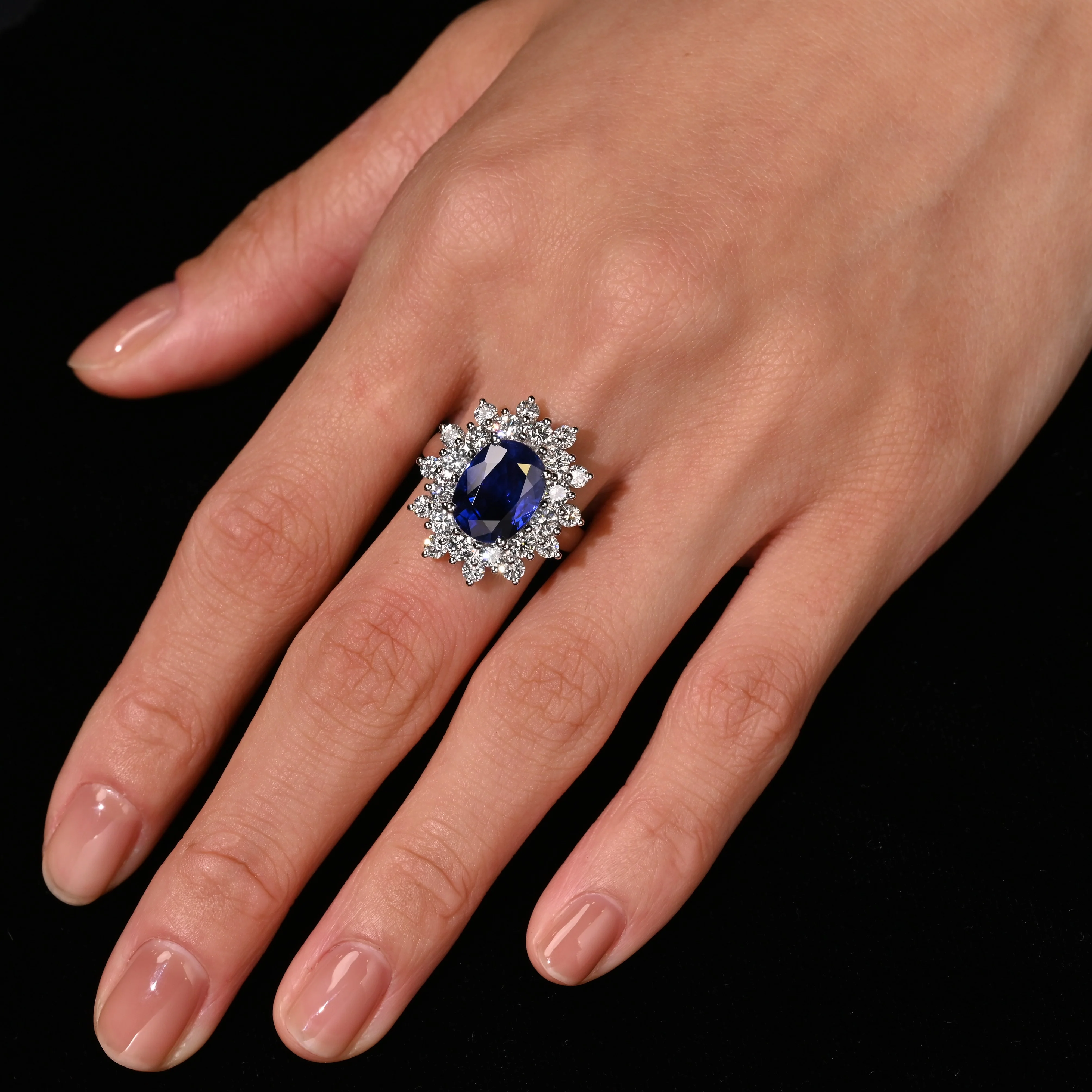 GRS Certified 5.79 Carat Oval Royal Blue Sapphire and Diamond Halo Ring - Image 12
