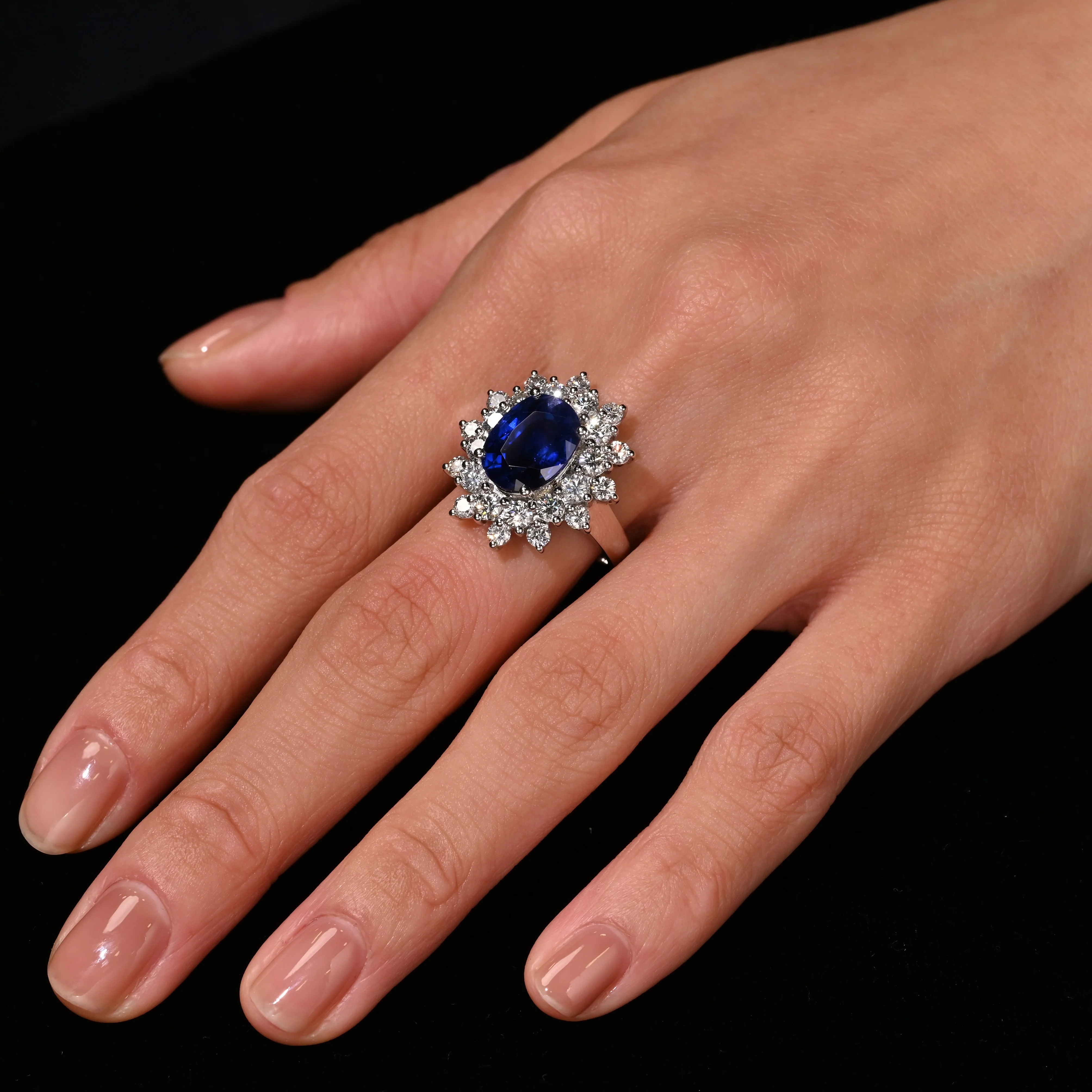 GRS Certified 5.79 Carat Oval Royal Blue Sapphire and Diamond Halo Ring - Image 9