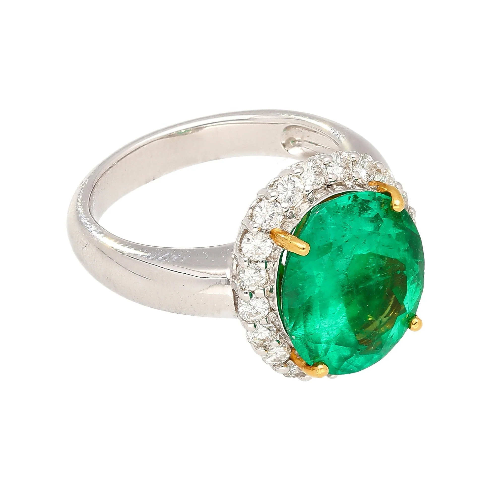 GRS Certified 5.03 Carat Oval Cut Minor Oil Colombian Emerald Ring with Diamond Halo in 18K White Gold - Image 3