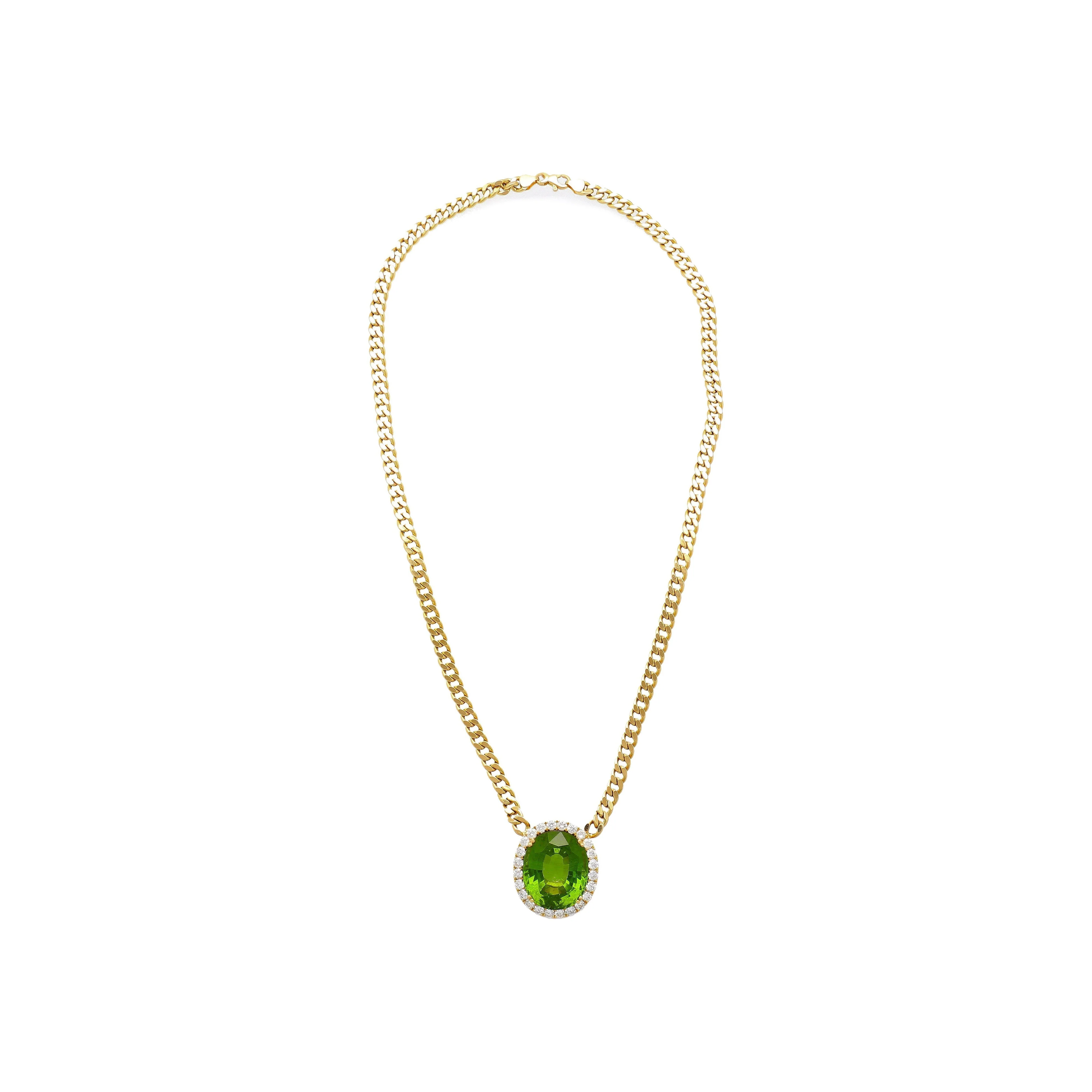 GRS Certified 51 carat Green Oval Cut Peridot with Diamond Halo in 18K Gold Cuban Chain Setting Pendant Necklace - Image 2