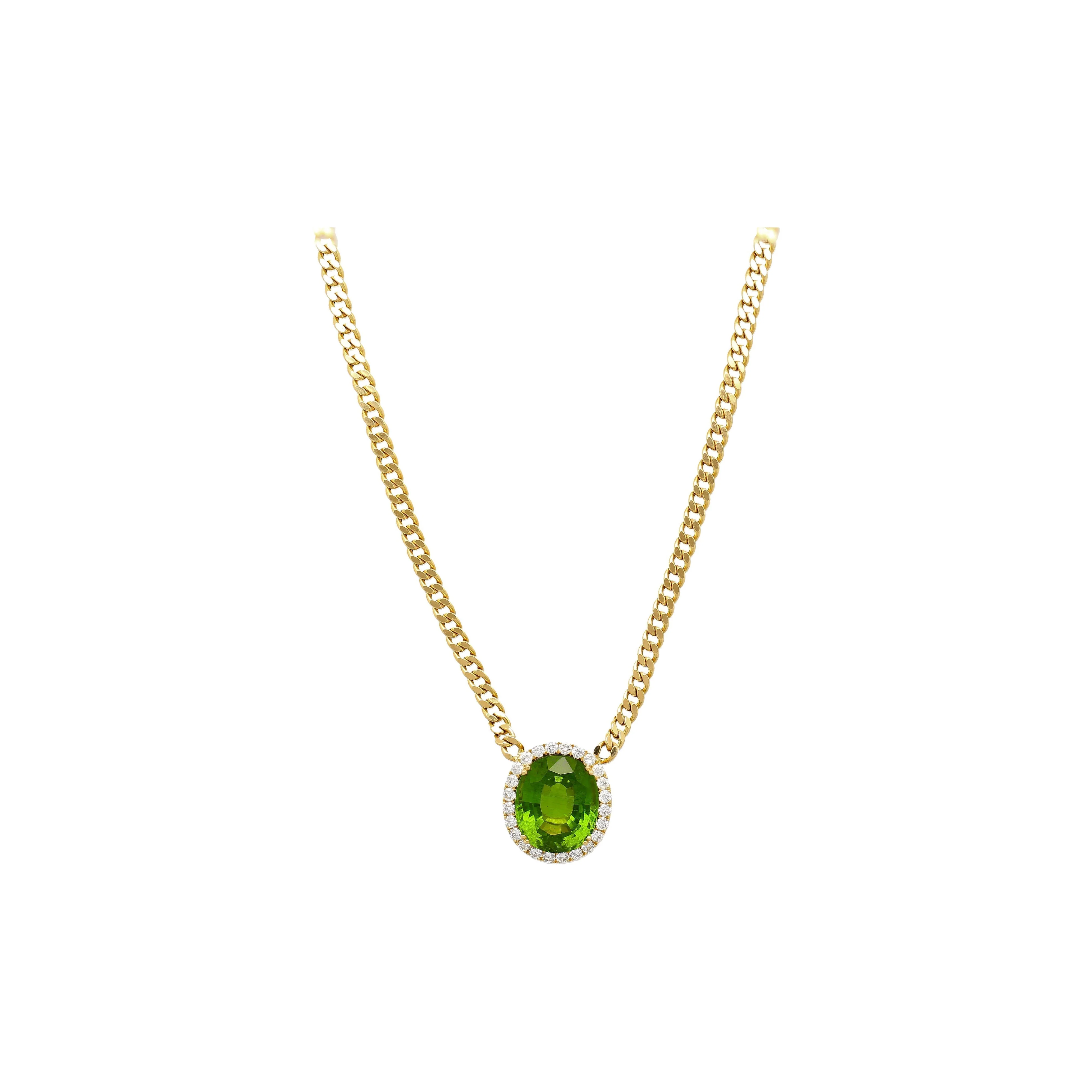 GRS Certified 51 carat Green Oval Cut Peridot with Diamond Halo in 18K Gold Cuban Chain Setting Pendant Necklace - Image 3