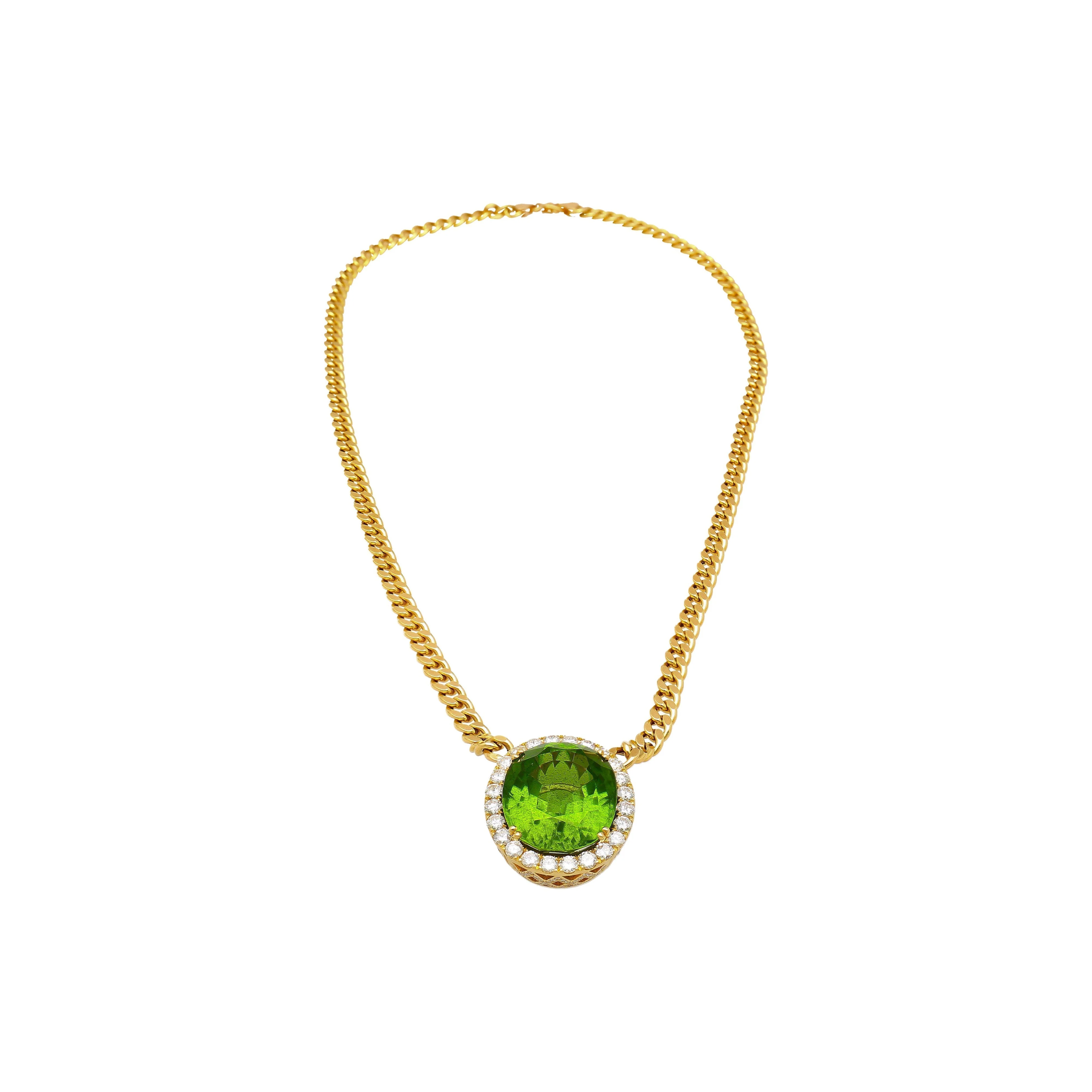 GRS Certified 51 carat Green Oval Cut Peridot with Diamond Halo in 18K Gold Cuban Chain Setting Pendant Necklace - Image 4
