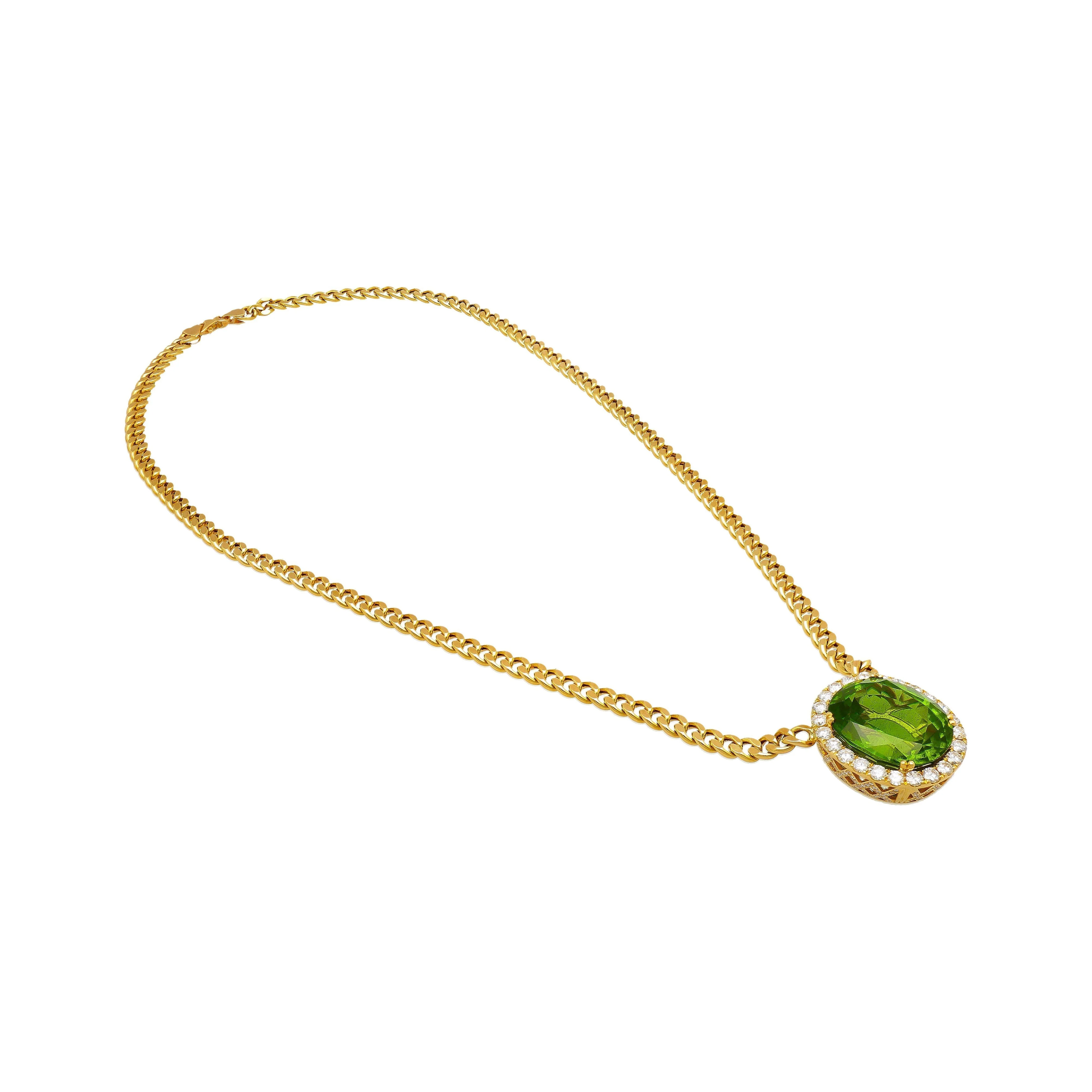 GRS Certified 51 carat Green Oval Cut Peridot with Diamond Halo in 18K Gold Cuban Chain Setting Pendant Necklace - Image 5