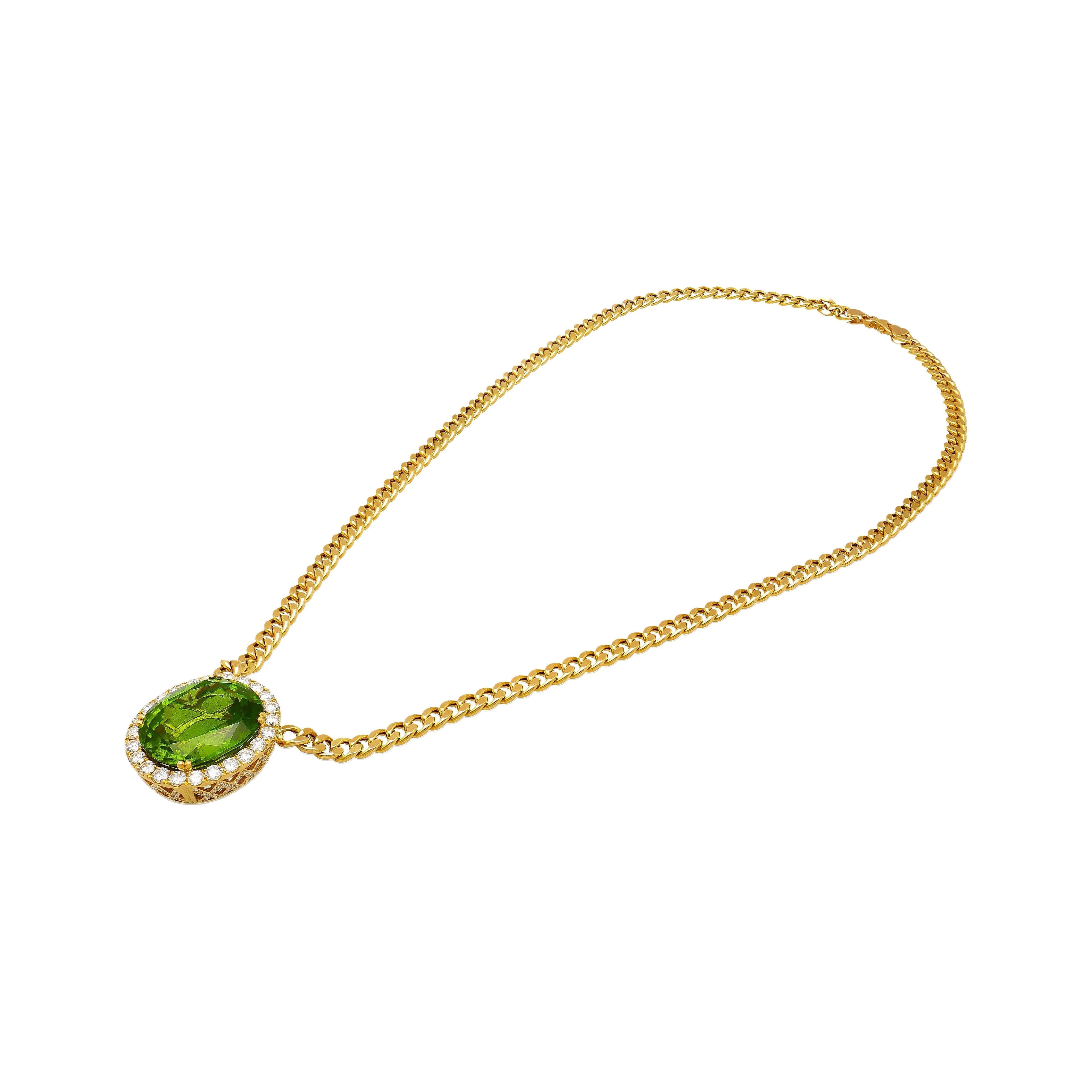GRS Certified 51 carat Green Oval Cut Peridot with Diamond Halo in 18K Gold Cuban Chain Setting Pendant Necklace - Image 6