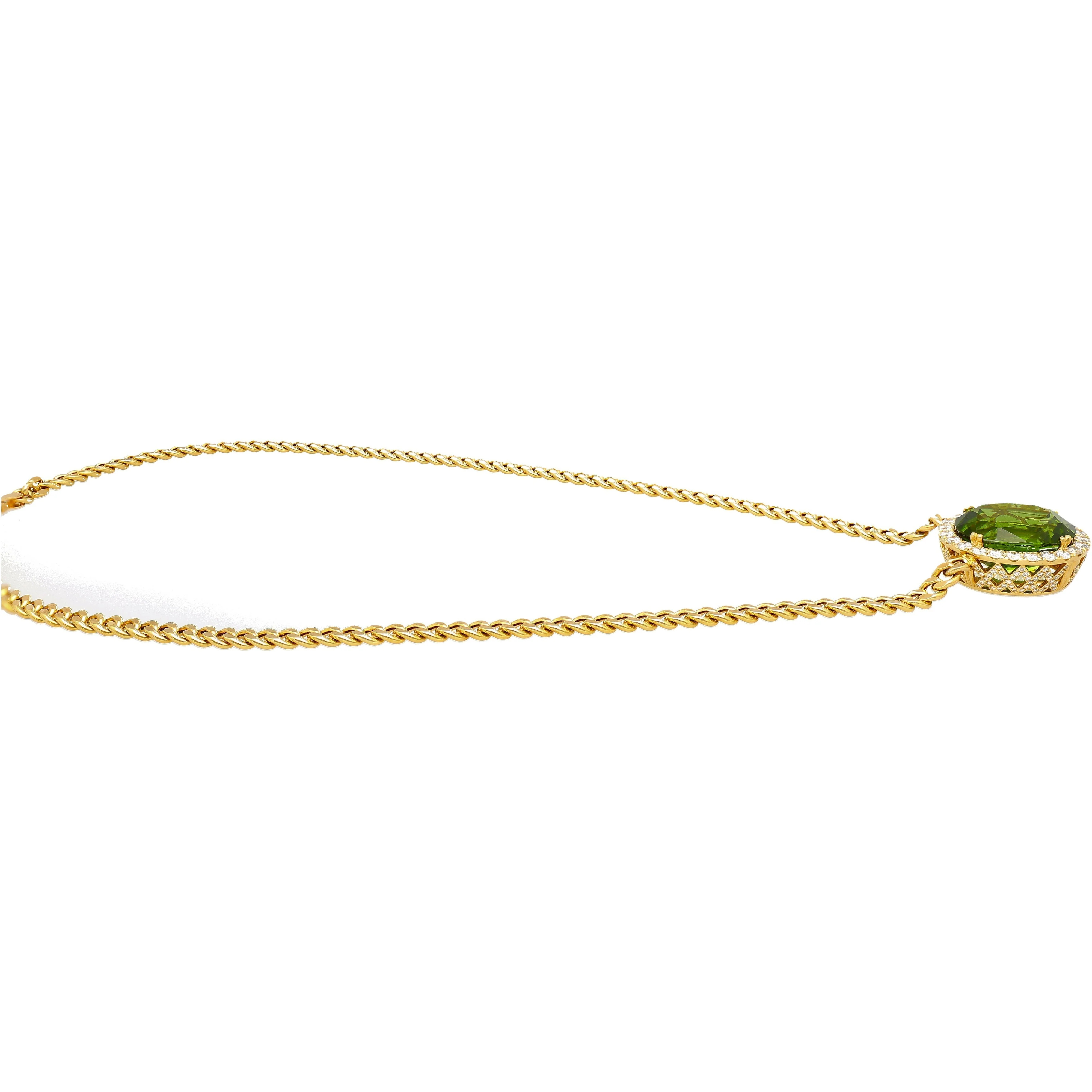 GRS Certified 51 carat Green Oval Cut Peridot with Diamond Halo in 18K Gold Cuban Chain Setting Pendant Necklace - Image 7