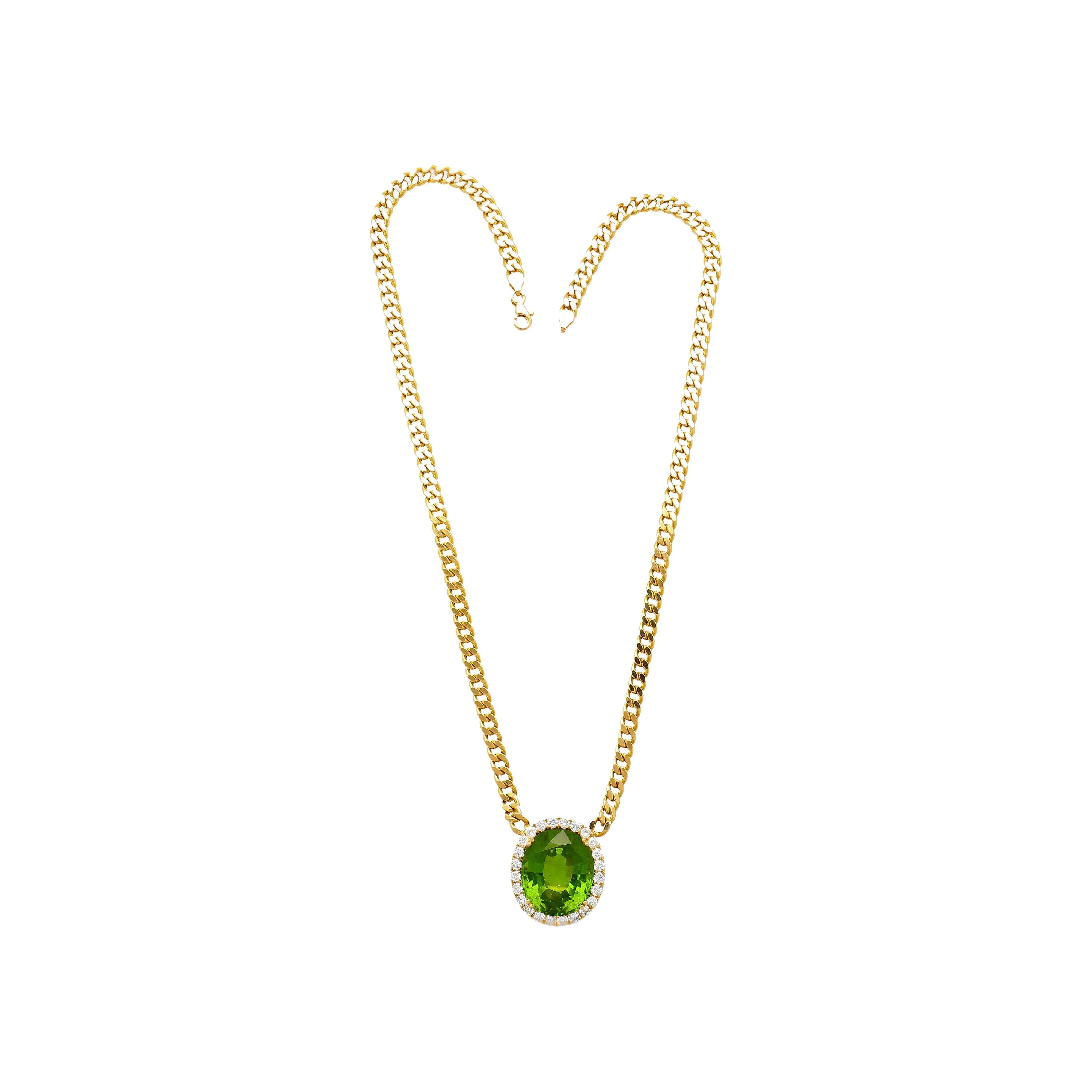 GRS Certified 51 carat Green Oval Cut Peridot with Diamond Halo in 18K Gold Cuban Chain Setting Pendant Necklace - Image 8