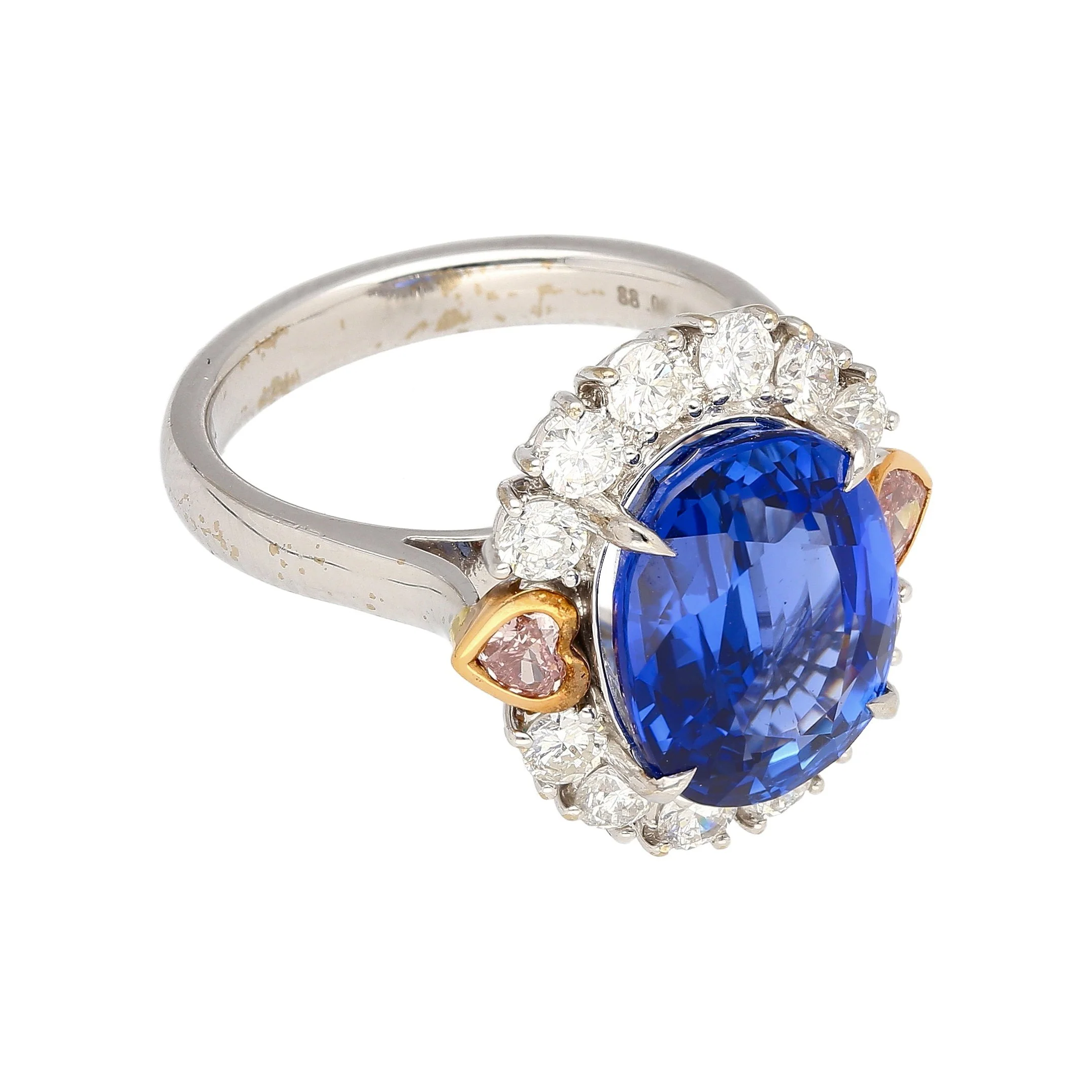 GRS Certified 7.25 Carat No Heat Oval Cut Blue Sapphire Ring With Pink Diamond Sides - Image 3