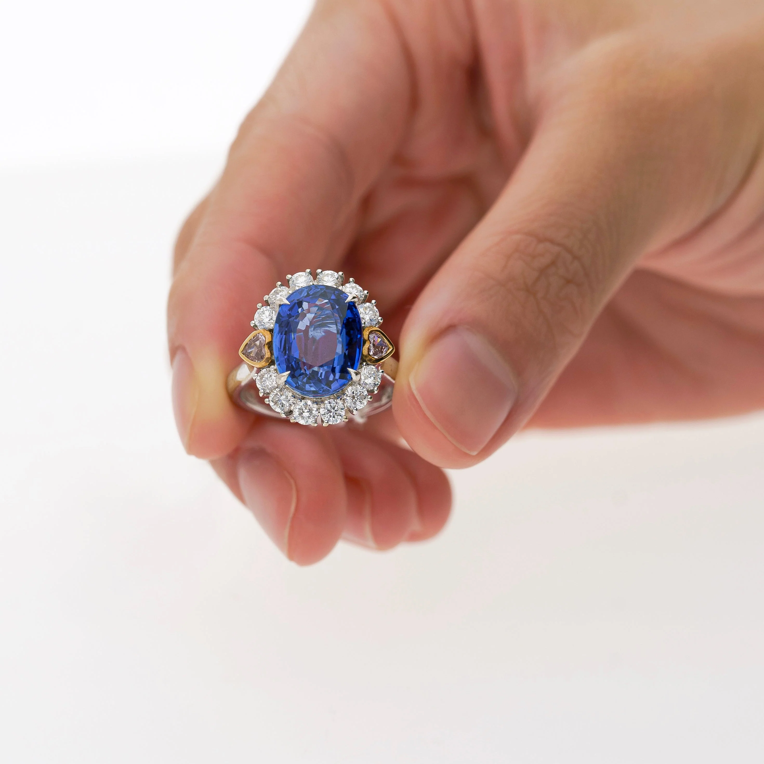GRS Certified 7.25 Carat No Heat Oval Cut Blue Sapphire Ring With Pink Diamond Sides - Image 5