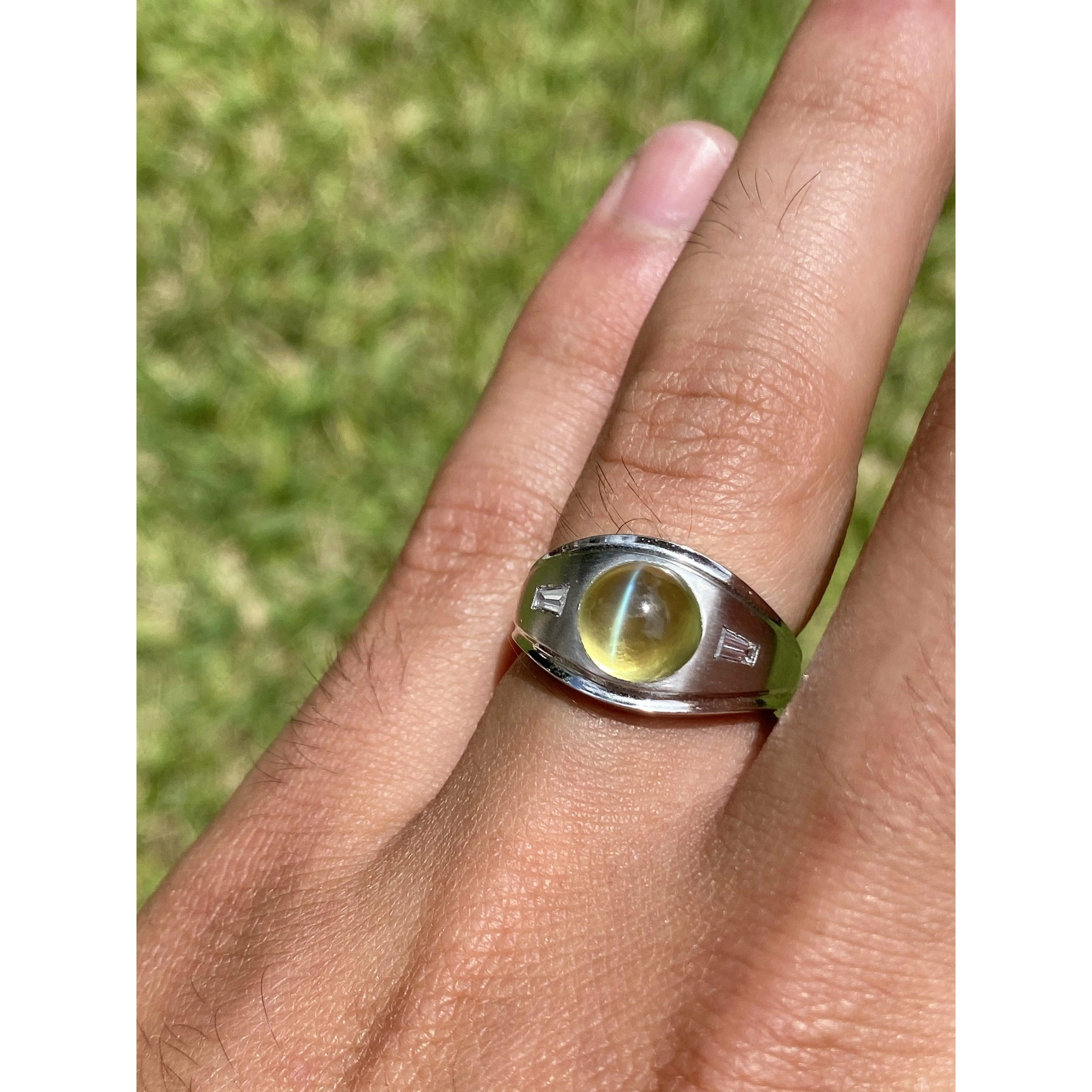 GRS Certified Chrysoberyl Cats Eye Mens Ring 14k White Gold Setting - Image 3