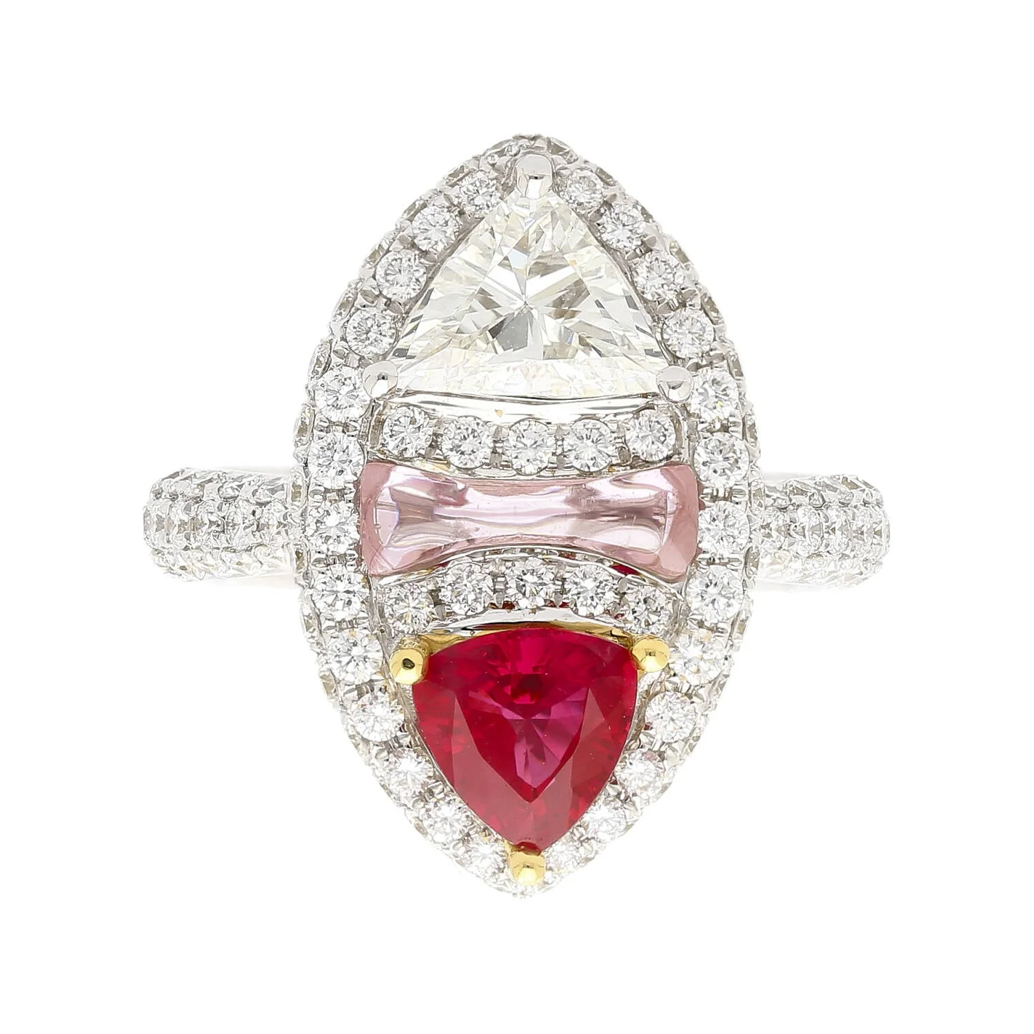 GRS Certified Trilliant Cut Burma Ruby and Diamond Long Oval Shaped Toi Et Moi Ring in 18K White Gold - Image 3