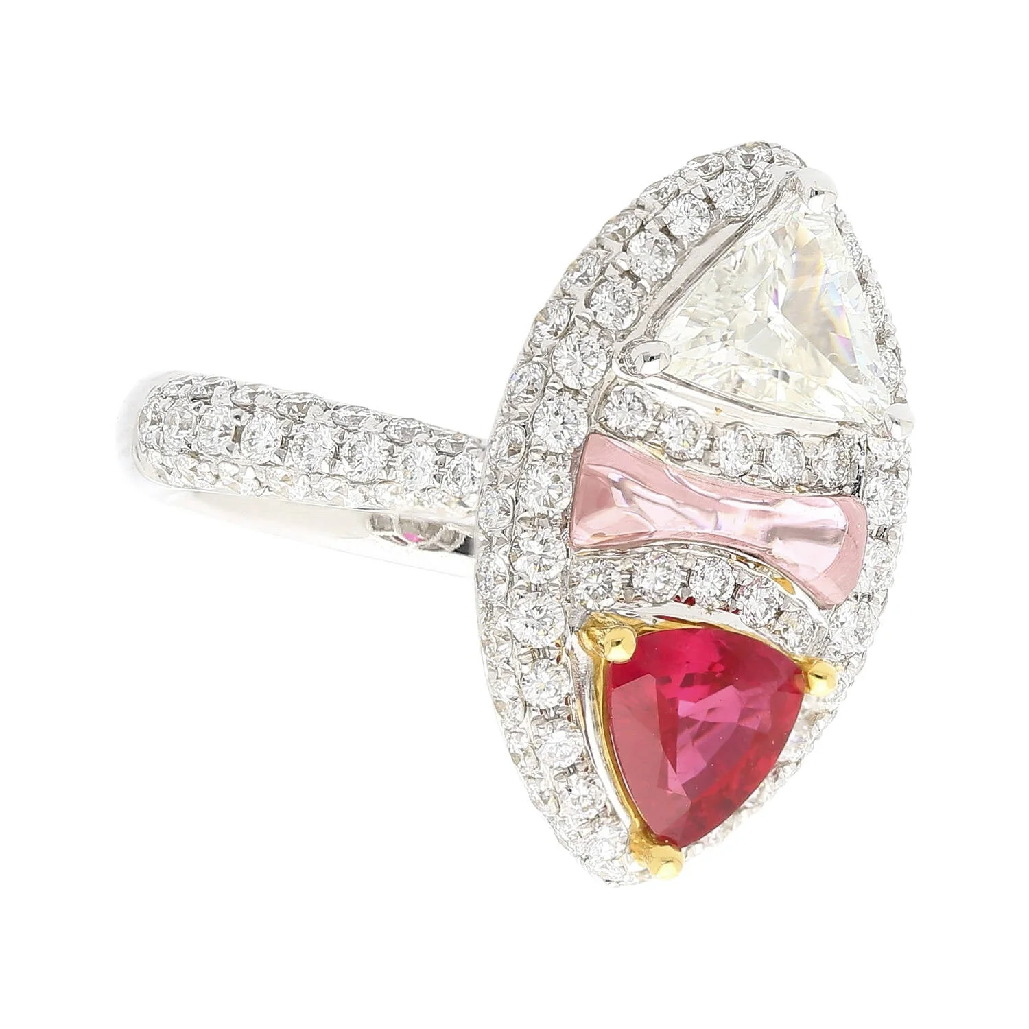 GRS Certified Trilliant Cut Burma Ruby and Diamond Long Oval Shaped Toi Et Moi Ring in 18K White Gold - Image 4
