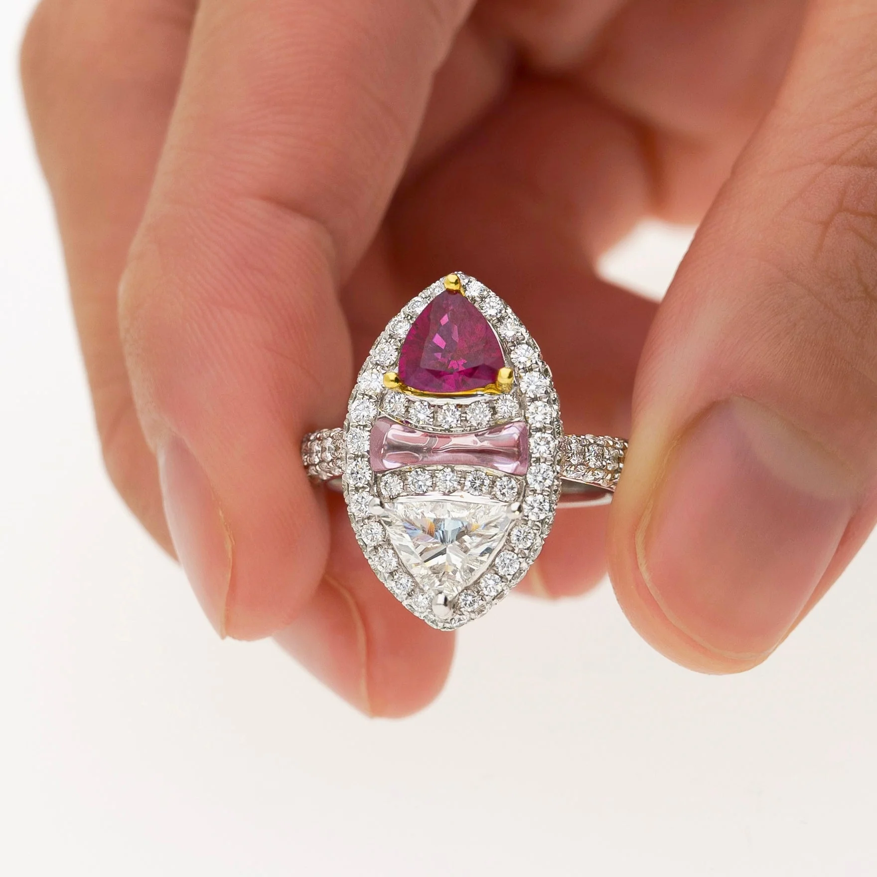 GRS Certified Trilliant Cut Burma Ruby and Diamond Long Oval Shaped Toi Et Moi Ring in 18K White Gold - Image 6