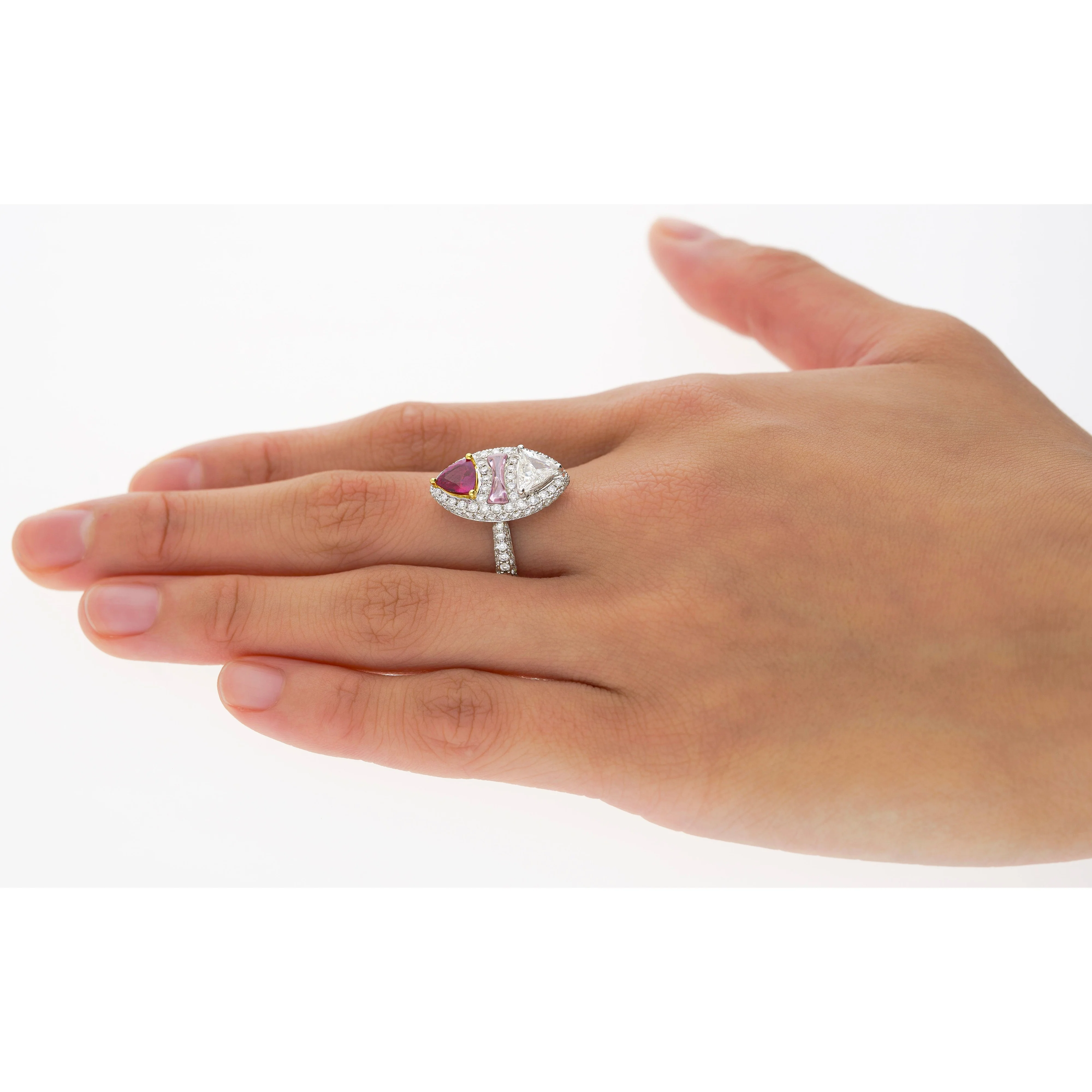 GRS Certified Trilliant Cut Burma Ruby and Diamond Long Oval Shaped Toi Et Moi Ring in 18K White Gold - Image 9