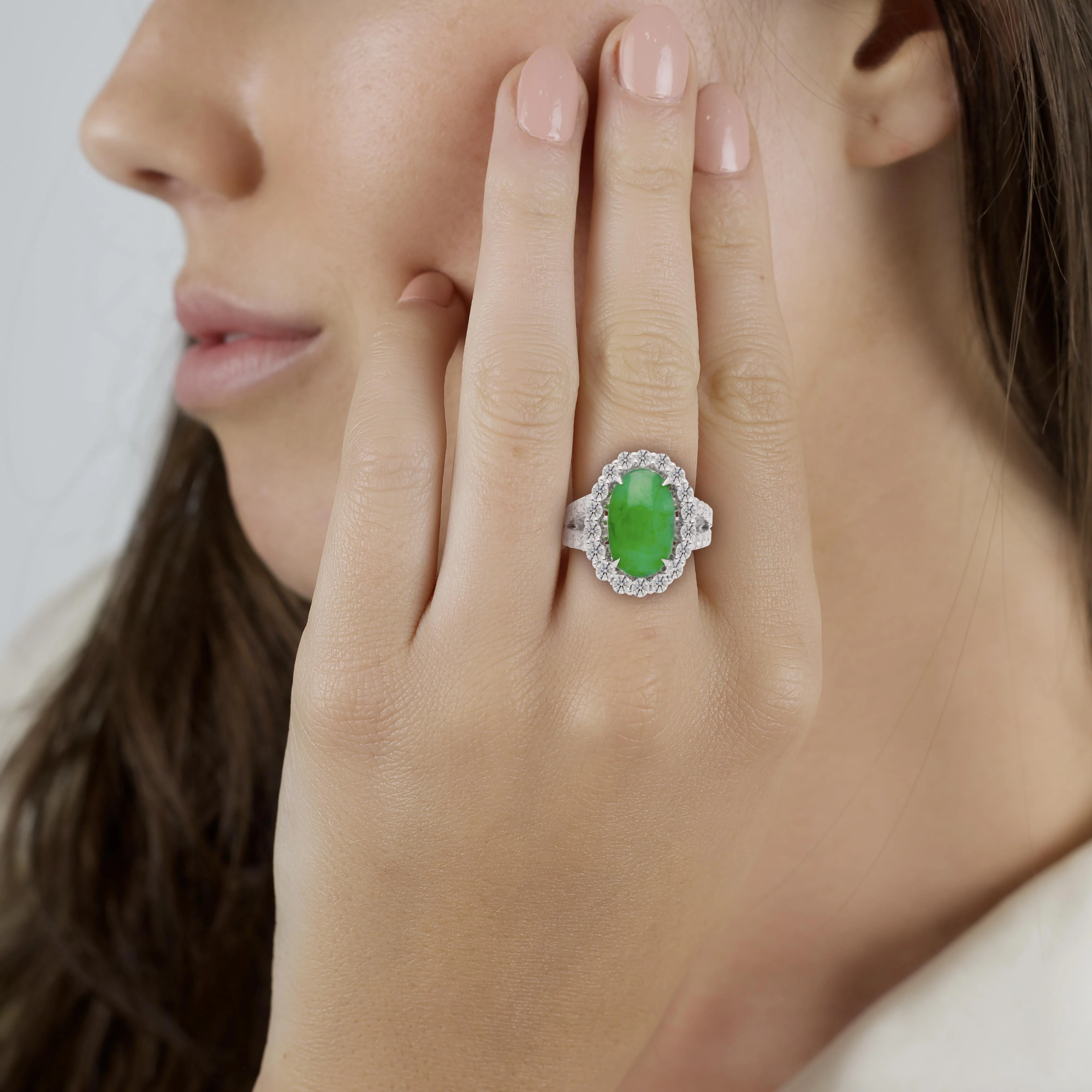 5.32 Carat Type A Jadeite Jade and Diamond Halo Ring in 18K White Gold - Image 10