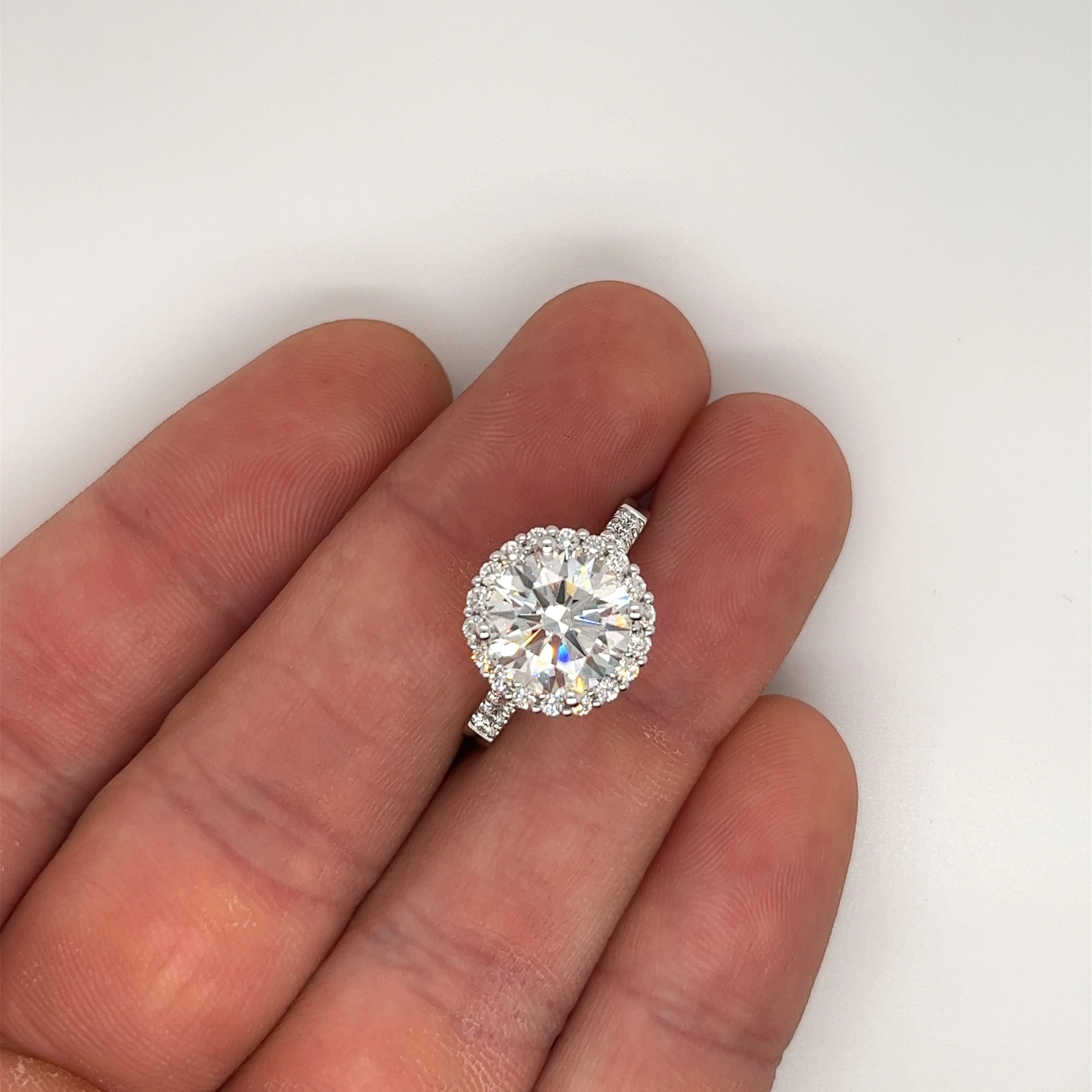 IGI Certified 3.35 Carat Round Cut Lab Grown CVD Diamond In Basket Cathedral Diamond Halo Ring - Image 6