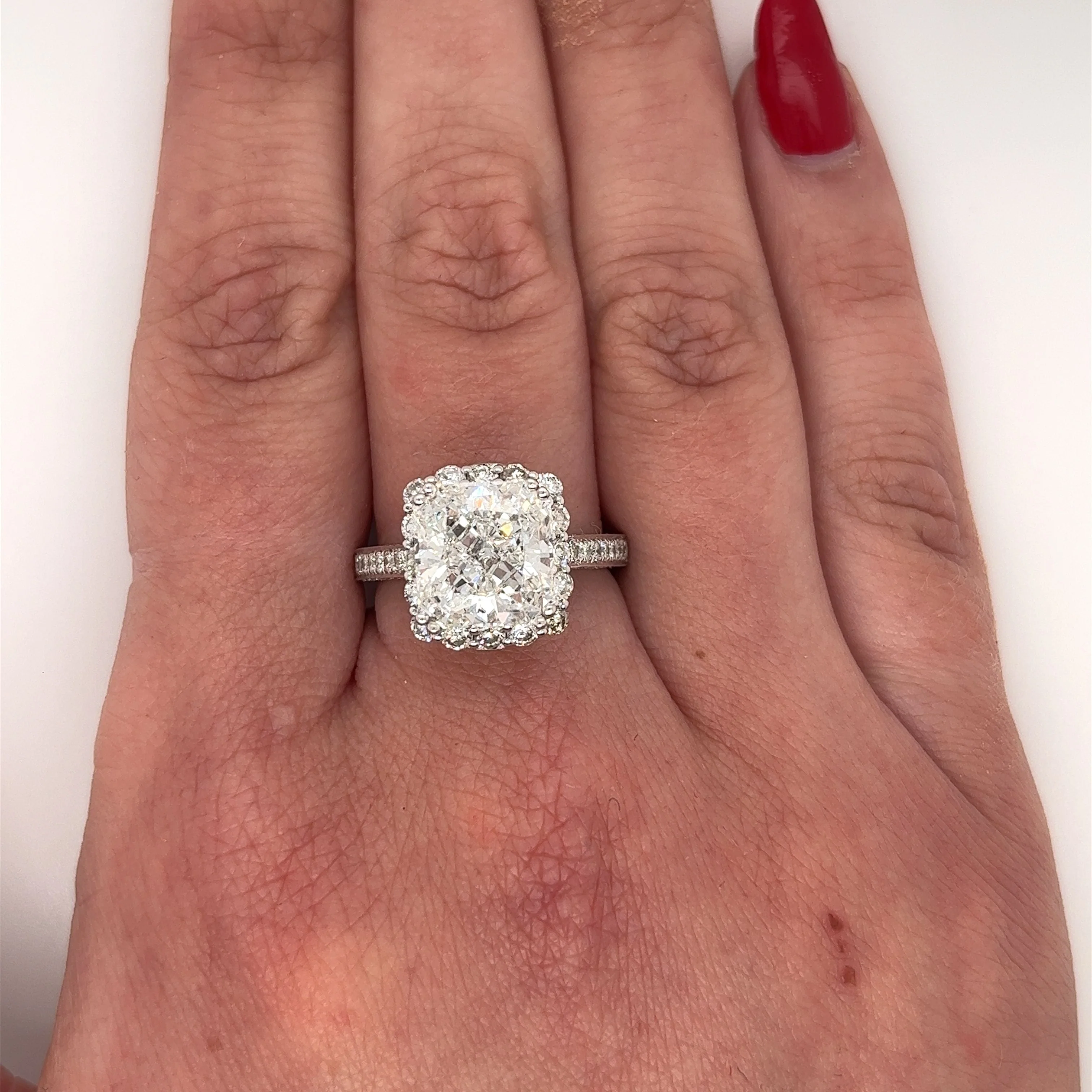 IGI Certified 5 Carat F/VS1 Radiant Cut Lab Grown Semi-Pave Halo Diamond Ring - Image 7