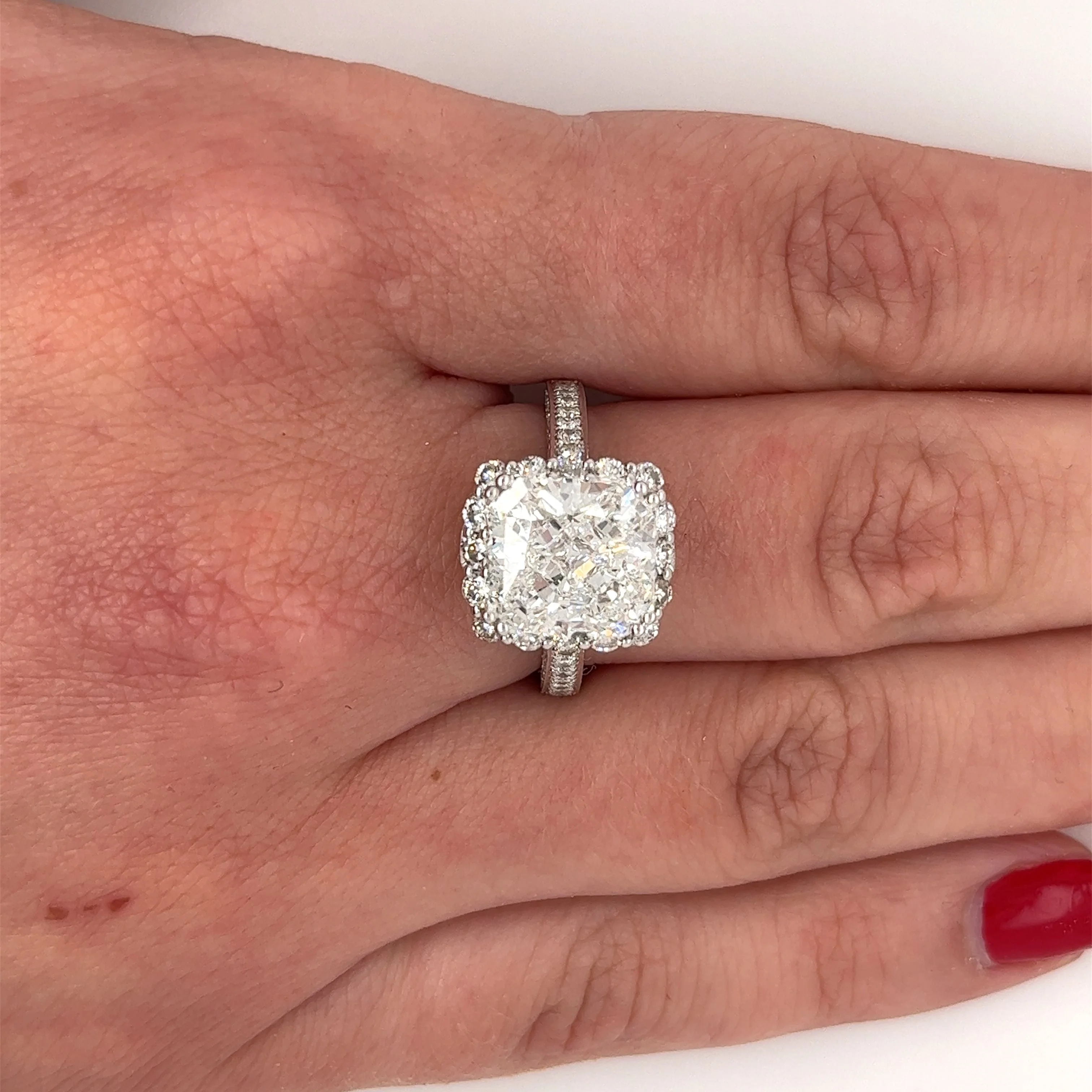 IGI Certified 5 Carat F/VS1 Radiant Cut Lab Grown Semi-Pave Halo Diamond Ring - Image 9