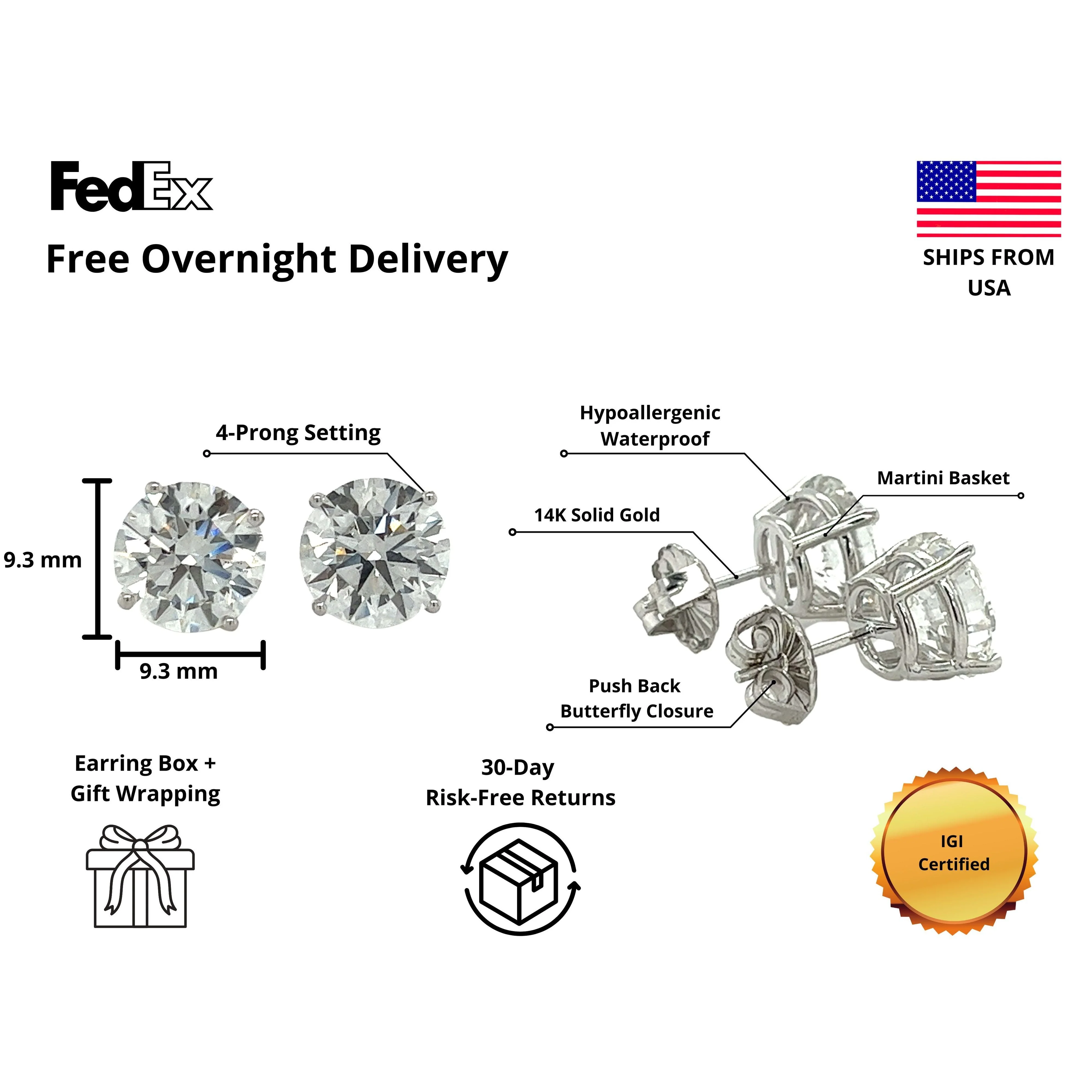 IGI Certified 6 Carat Total Round Cut 4-Prong Push Back Stud Earrings in 14K Gold - Image 3
