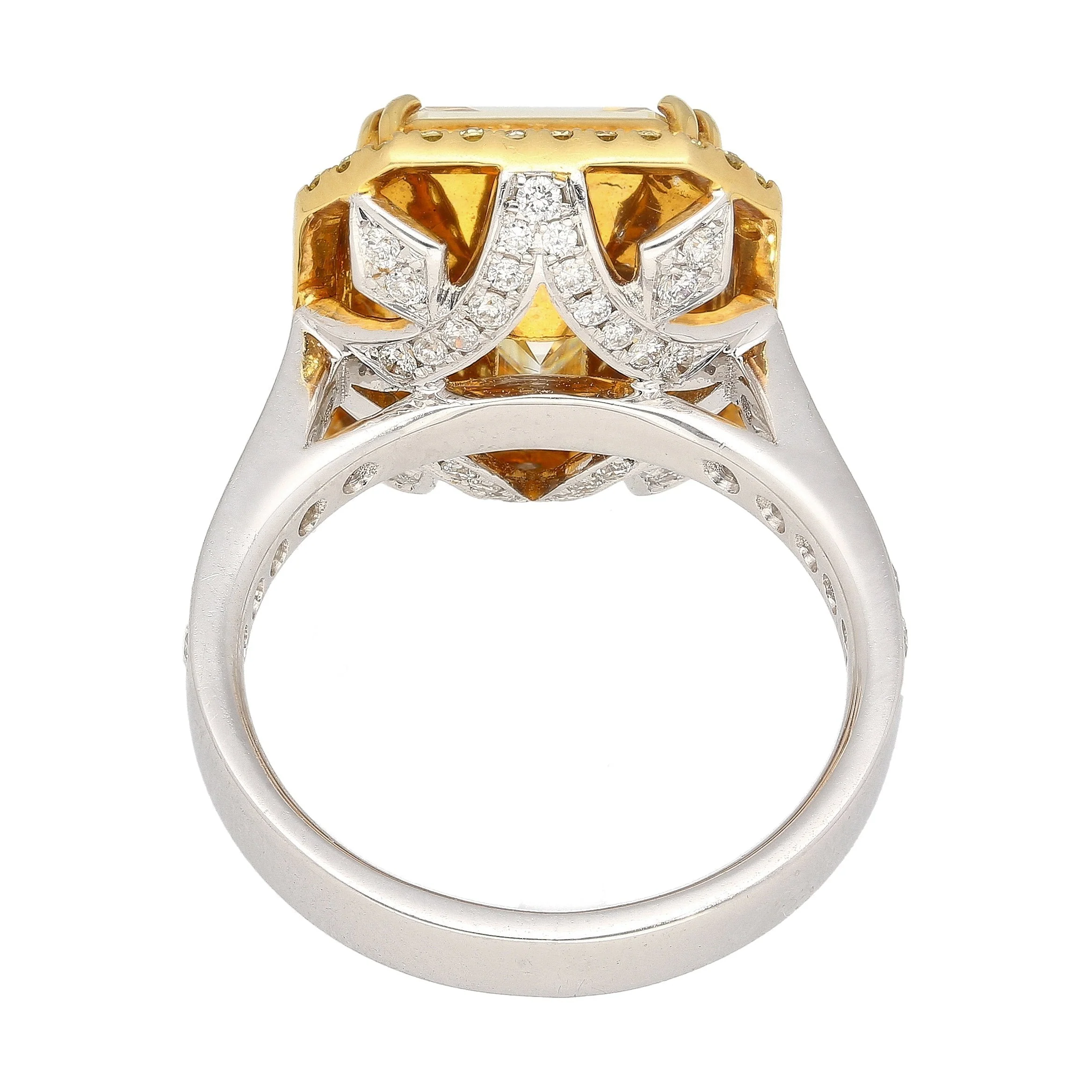 Emerald Cut Natural 7.25 Carat Fancy Light Yellow Diamond with Round Diamond Halo Ring - Image 3
