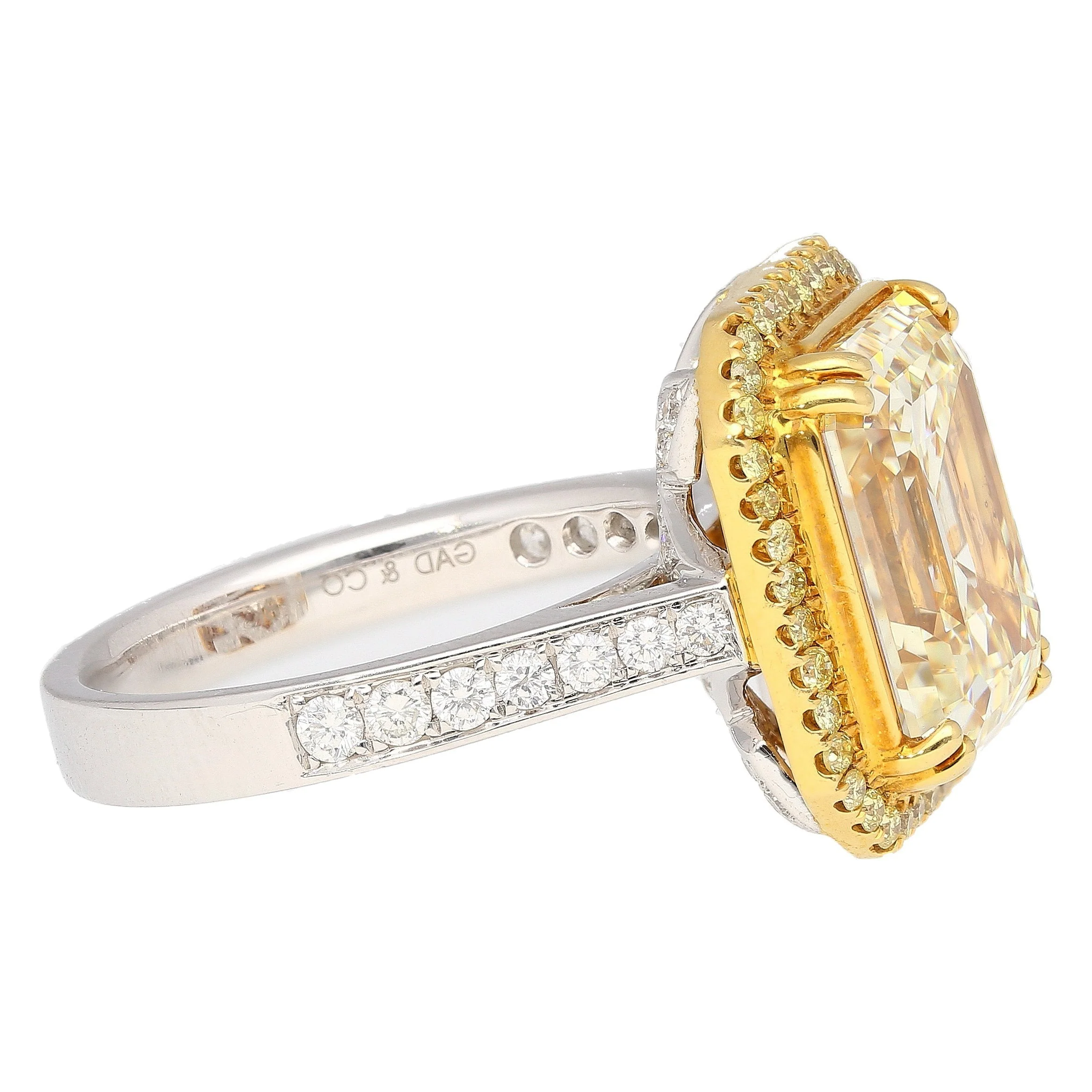 Emerald Cut Natural 7.25 Carat Fancy Light Yellow Diamond with Round Diamond Halo Ring - Image 4