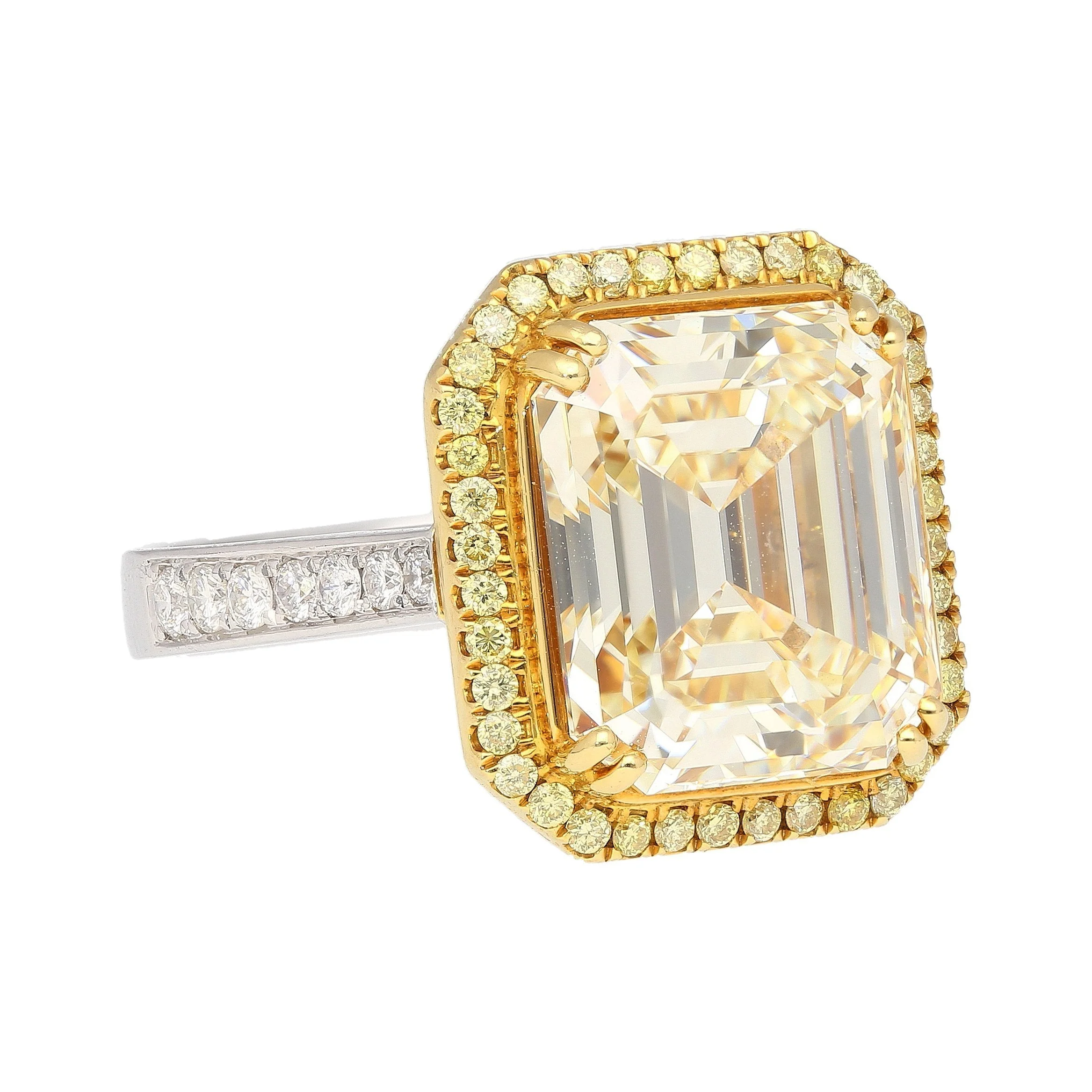 Emerald Cut Natural 7.25 Carat Fancy Light Yellow Diamond with Round Diamond Halo Ring - Image 6