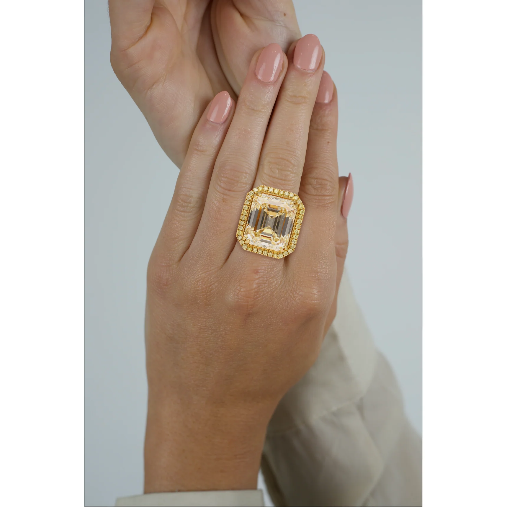 Emerald Cut Natural 7.25 Carat Fancy Light Yellow Diamond with Round Diamond Halo Ring - Image 7