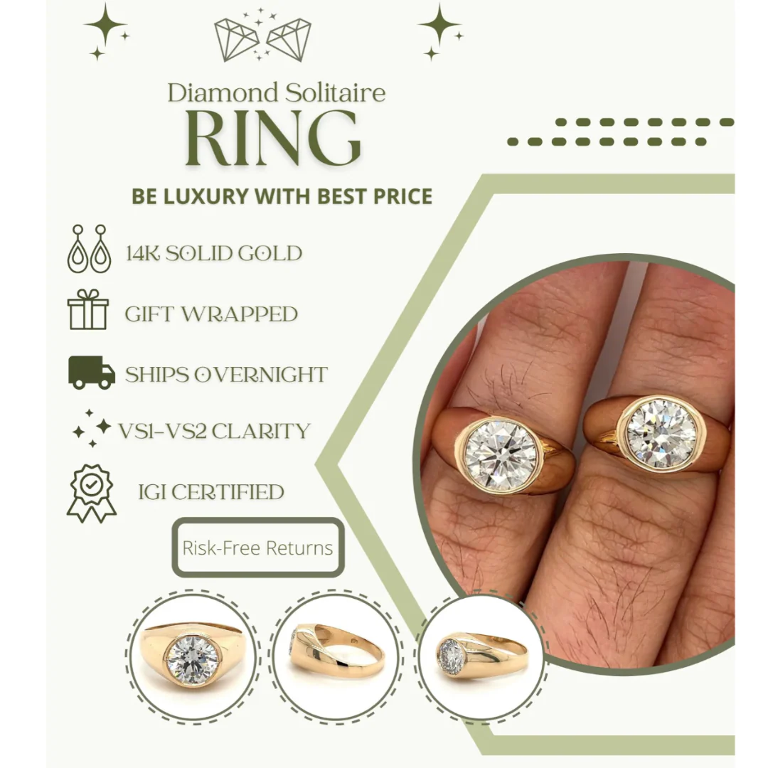 IGI Certified 2.5-3 Carat Round Lab Grown Diamond Bezel Set Mens Solitaire Ring in 14K Solid Gold - Image 7