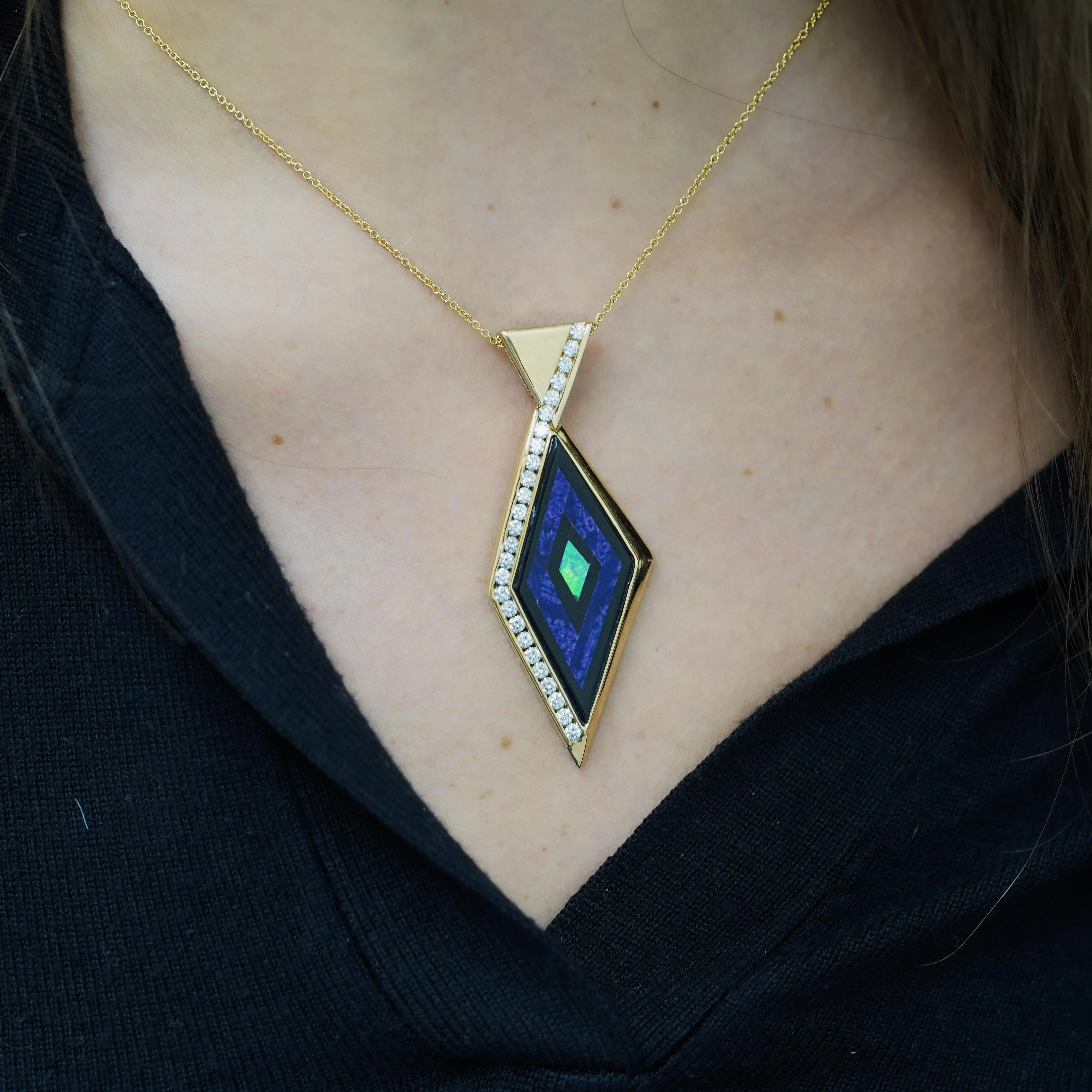Intarsia Opal Malachite & Black Onyx with Diamond 14K Gold Pendant Necklace - Image 2