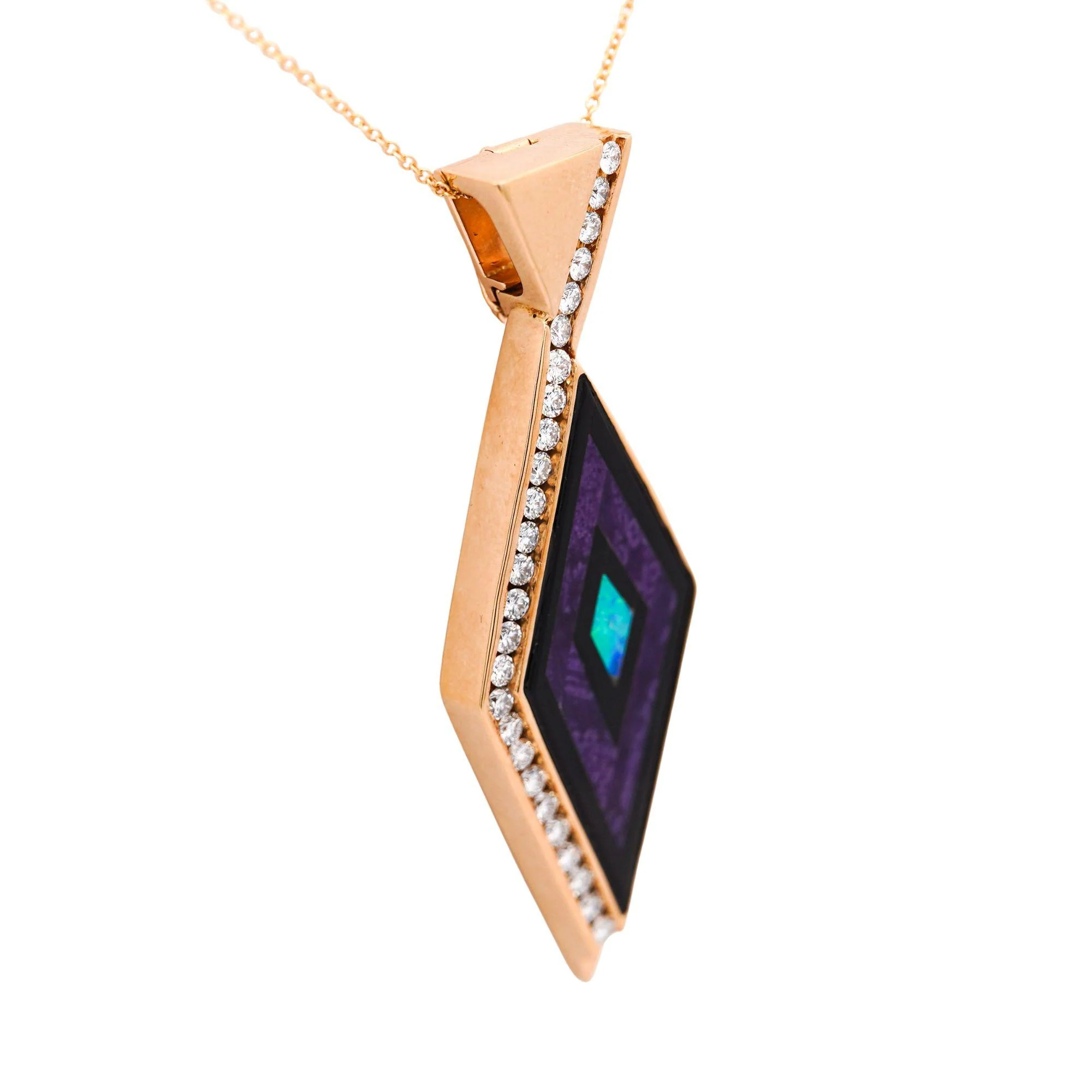 Intarsia Opal Malachite & Black Onyx with Diamond 14K Gold Pendant Necklace - Image 4