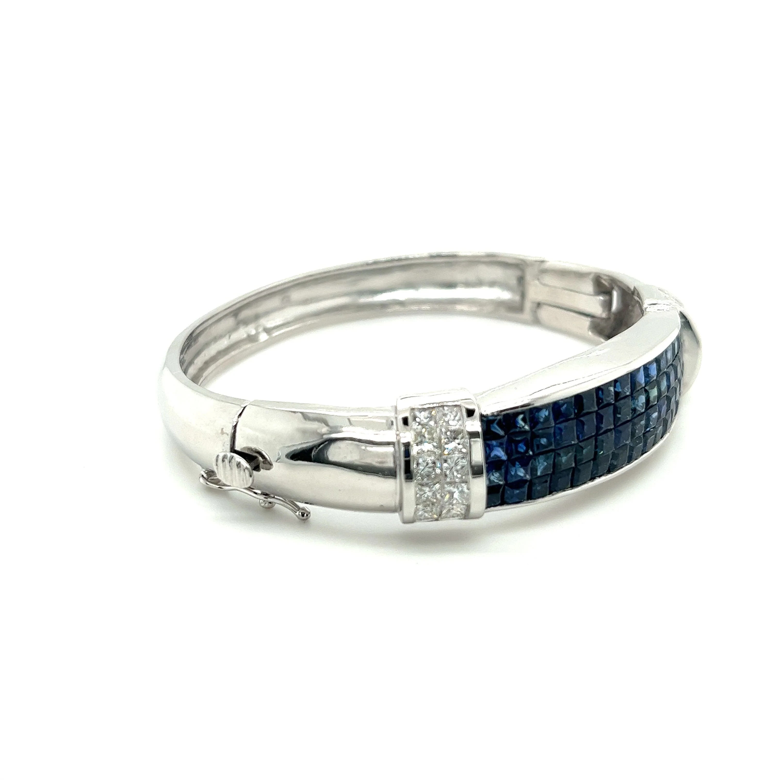 Invisible Set 19 Carat Square Cut Blue Sapphire and Diamond Bangle in 14K White Gold - Image 4