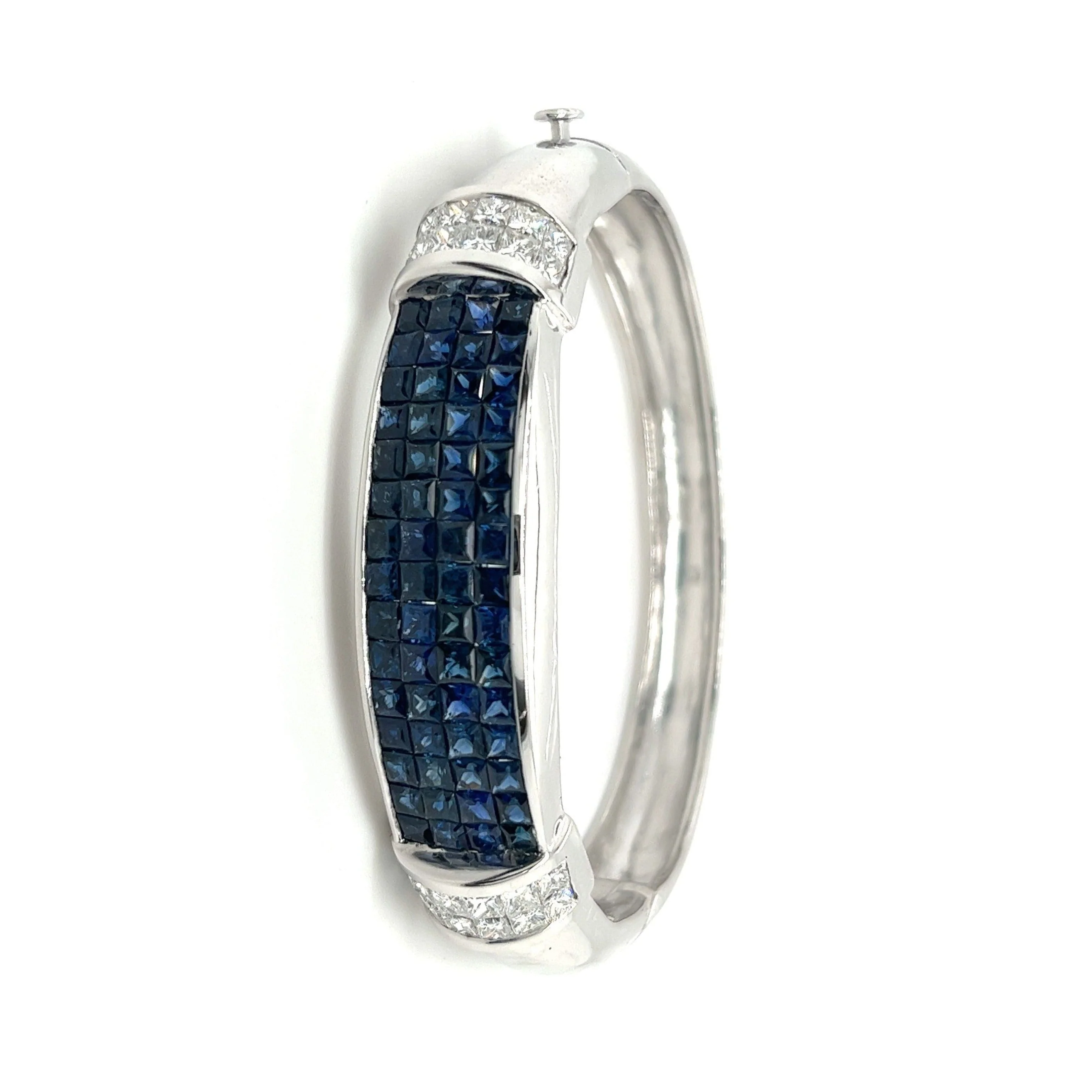 Invisible Set 19 Carat Square Cut Blue Sapphire and Diamond Bangle in 14K White Gold - Image 5