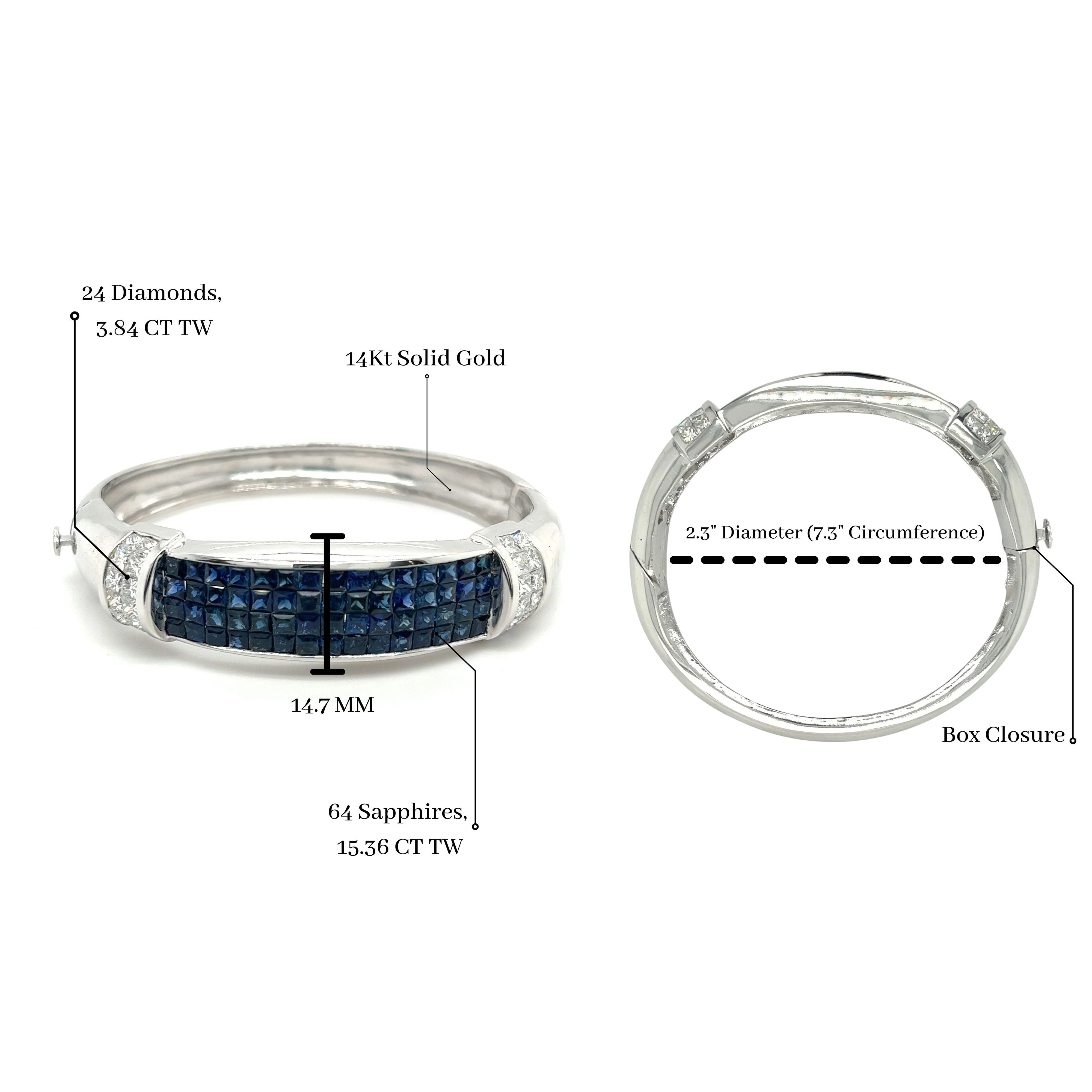 Invisible Set 19 Carat Square Cut Blue Sapphire and Diamond Bangle in 14K White Gold - Image 6