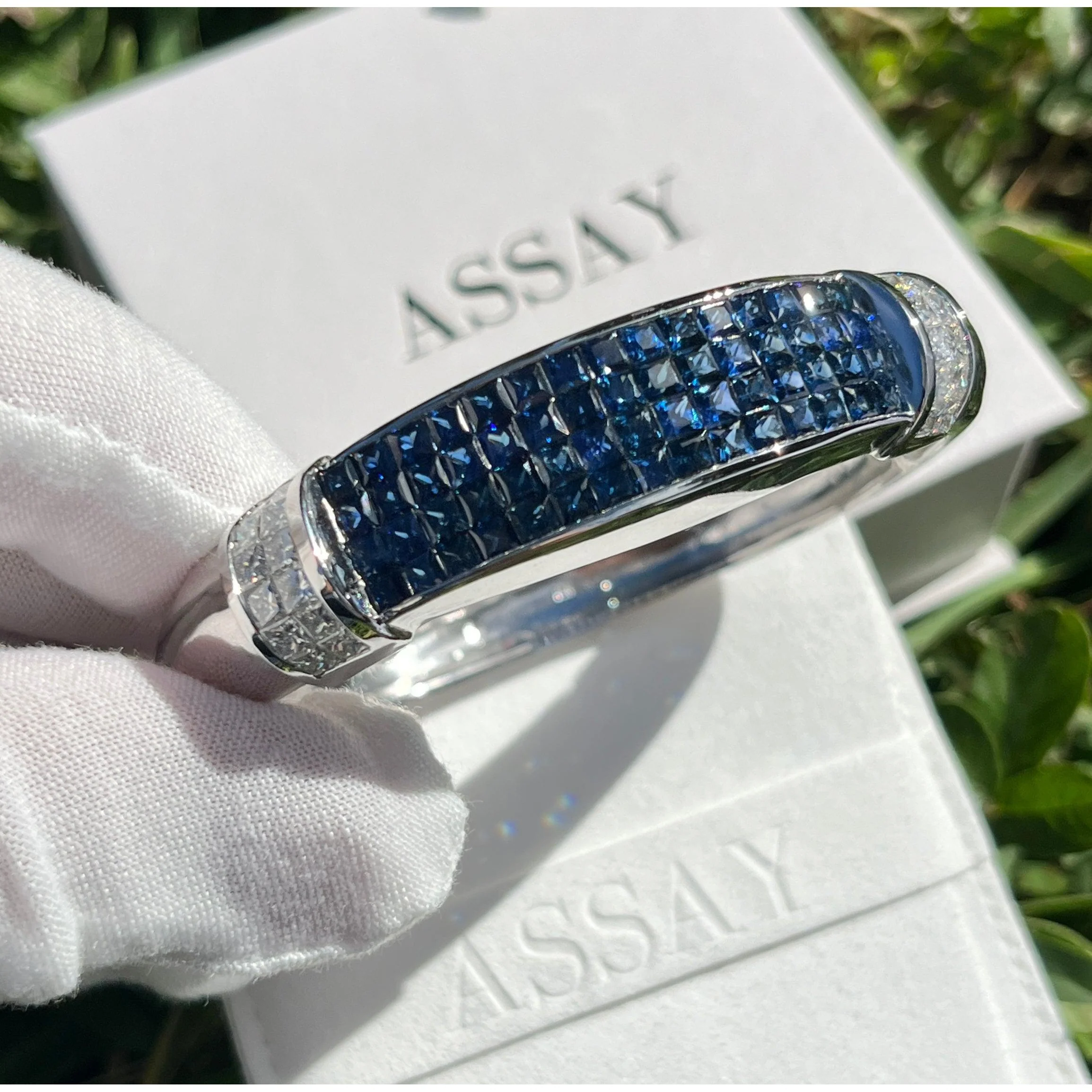 Invisible Set 19 Carat Square Cut Blue Sapphire and Diamond Bangle in 14K White Gold - Image 7