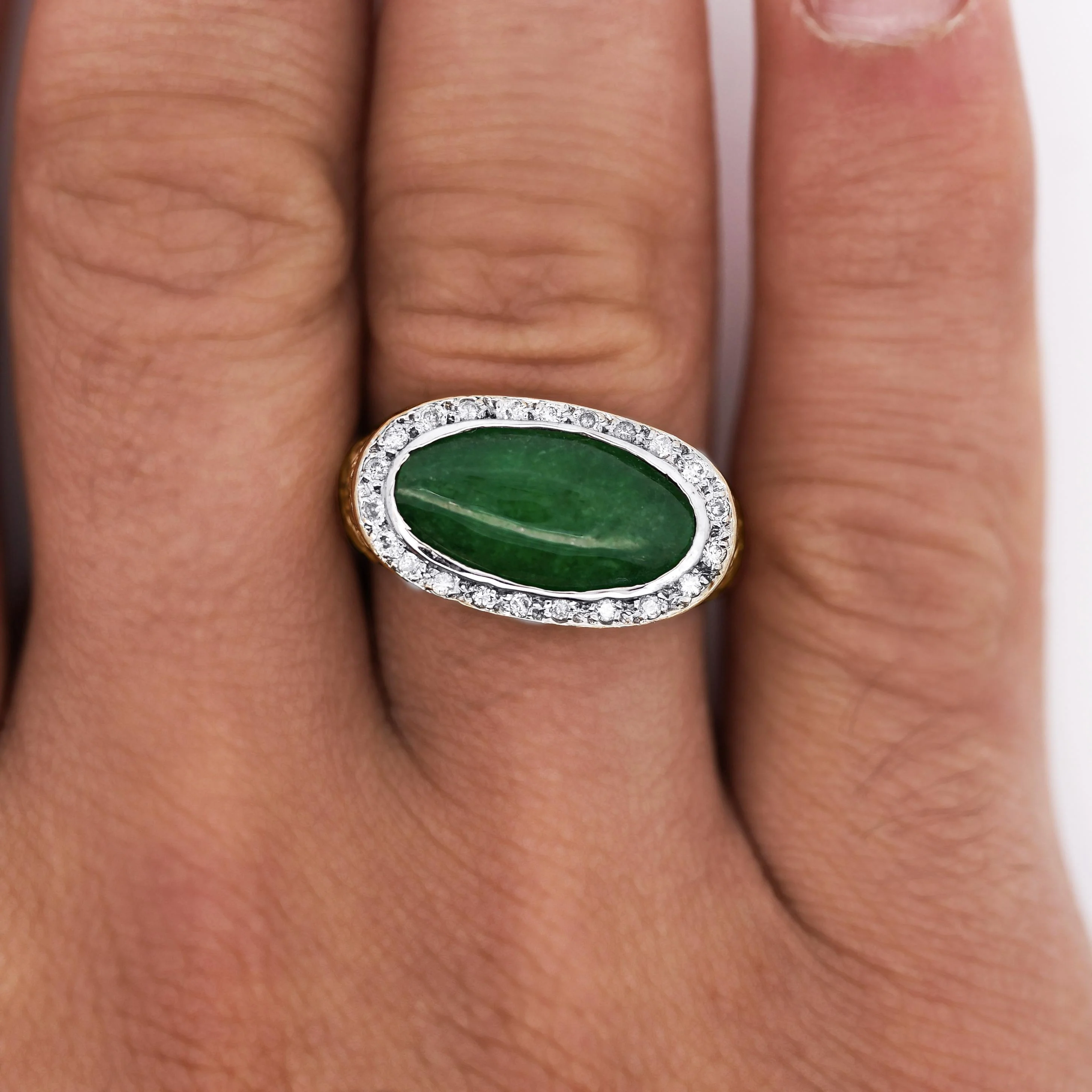 Jadeite Jade Bezel Set & Diamond Pavé in 14K Gold Nugget Ring - Image 5