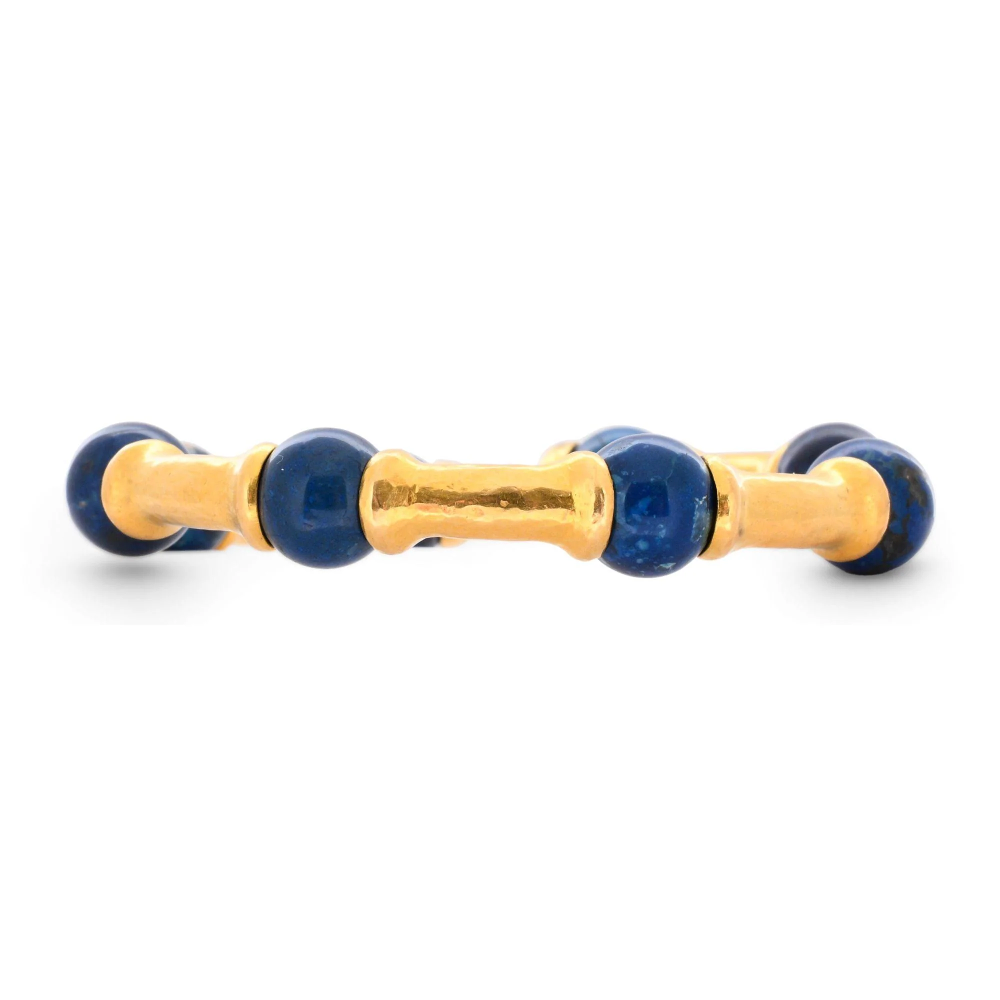 Lapis Lazuli 21K Gold Hammered Finish Bead Bangle Bracelet - Image 2
