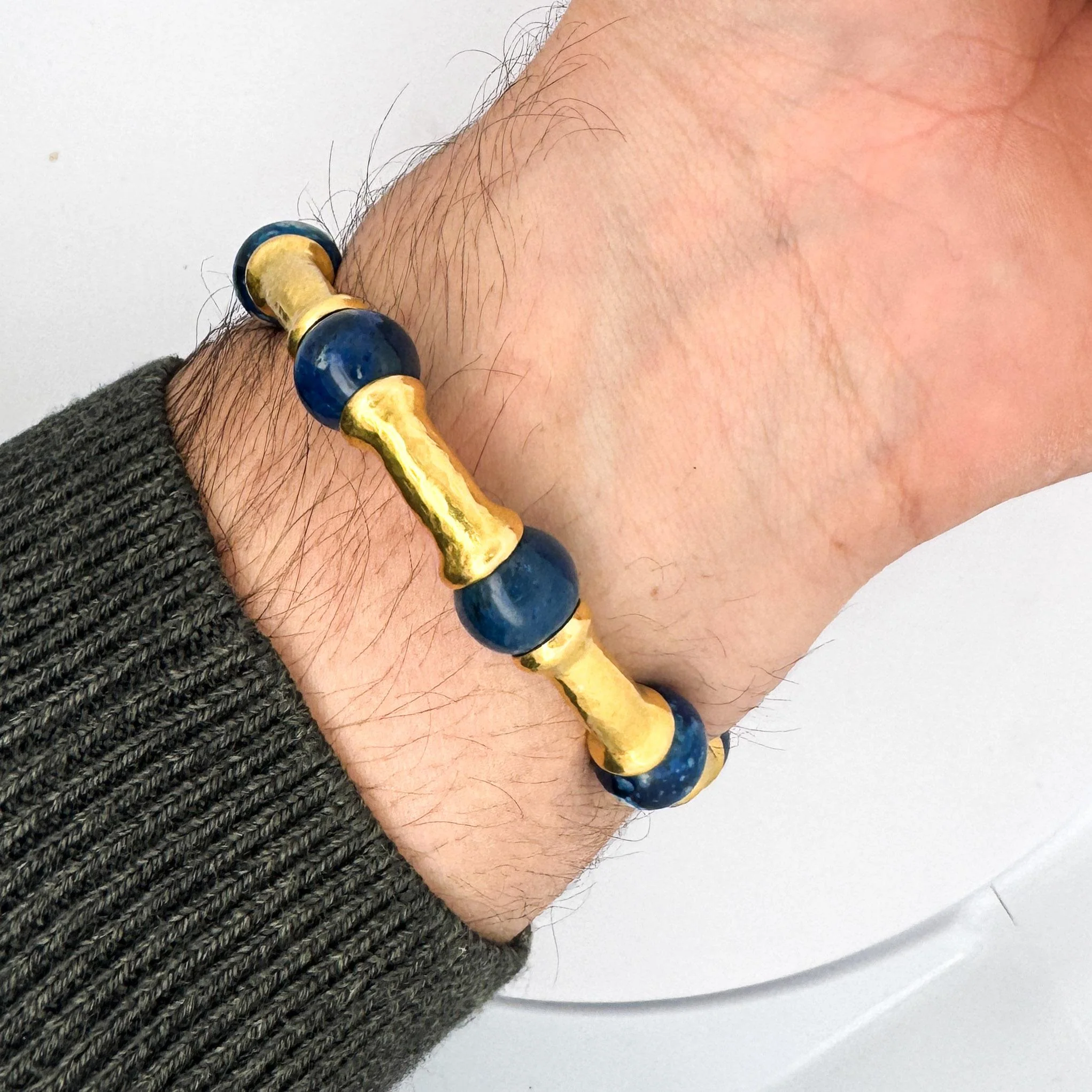 Lapis Lazuli 21K Gold Hammered Finish Bead Bangle Bracelet - Image 7